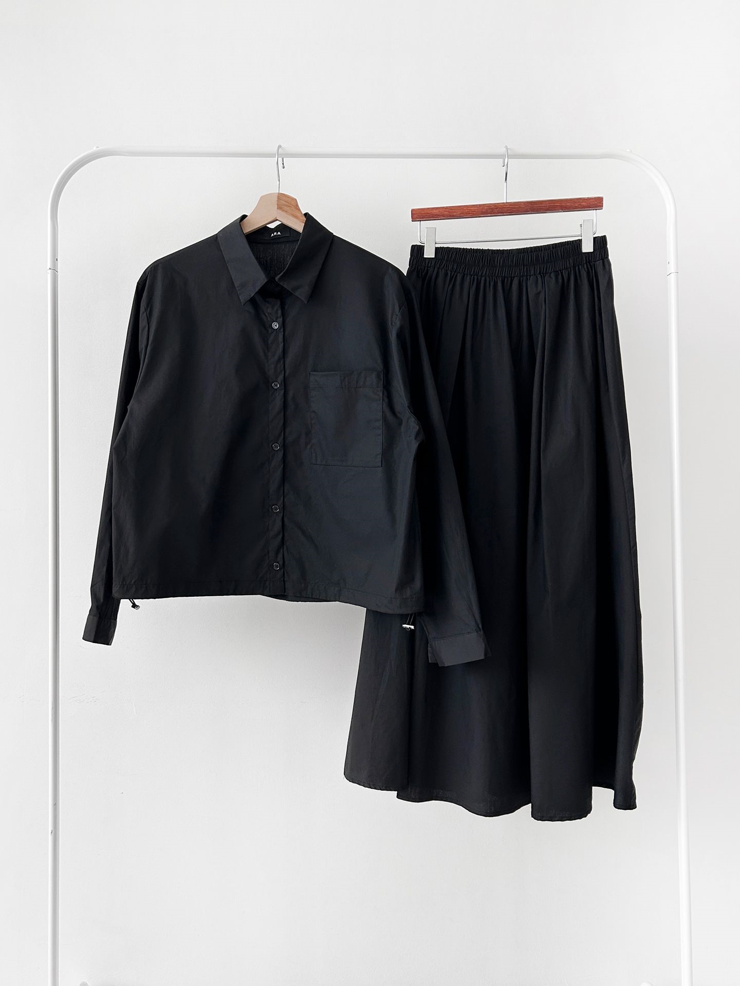 ボタンカラーシャーリングウエストゴムオーバーサイズドローコード長袖ワンポケットフレアボタンスリーブ無地ツーピース(トップス、ボトムス)スカートシャツ | 詳細画像36