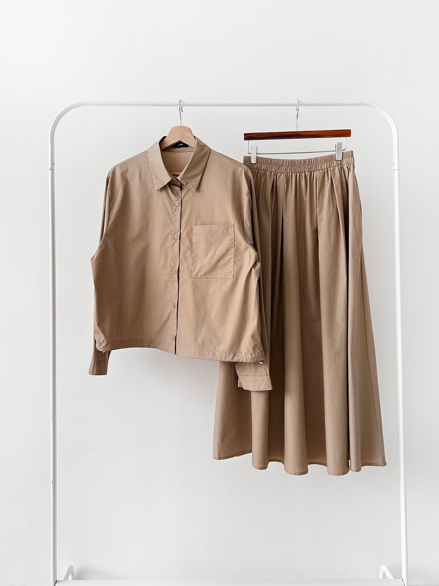 ボタンカラーシャーリングウエストゴムオーバーサイズドローコード長袖ワンポケットフレアボタンスリーブ無地ツーピース(トップス、ボトムス)スカートシャツ | 詳細画像37