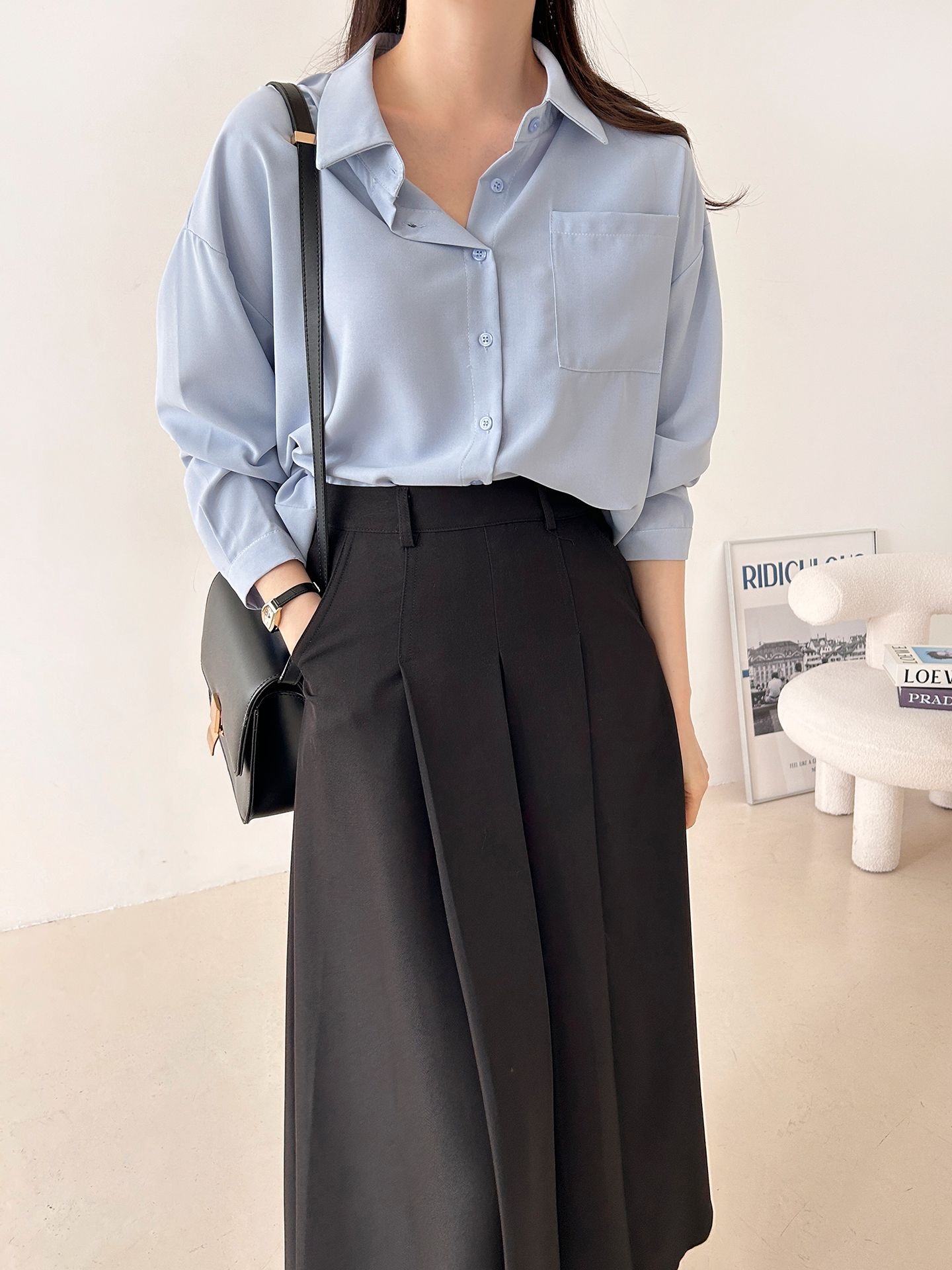 ボタンカラーオーバーサイズボクシールーズ長袖ワンポケットボタンスリーブドロップショルダー無地シャツ | 詳細画像23