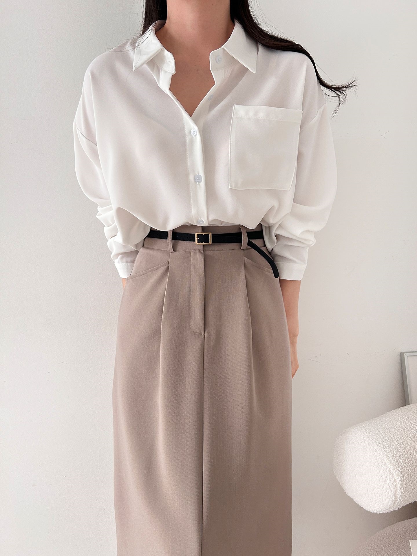 ボタンカラーオーバーサイズボクシールーズ長袖ワンポケットボタンスリーブドロップショルダー無地シャツ | 詳細画像3