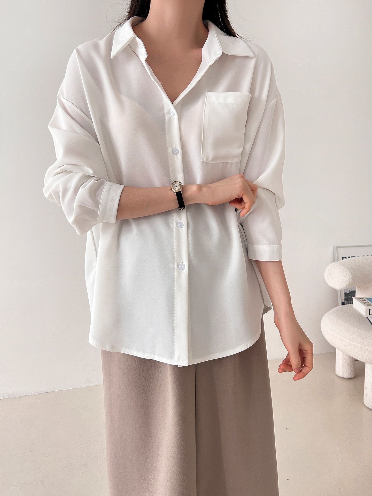 ボタンカラーオーバーサイズボクシールーズ長袖ワンポケットボタンスリーブドロップショルダー無地シャツ | 詳細画像5