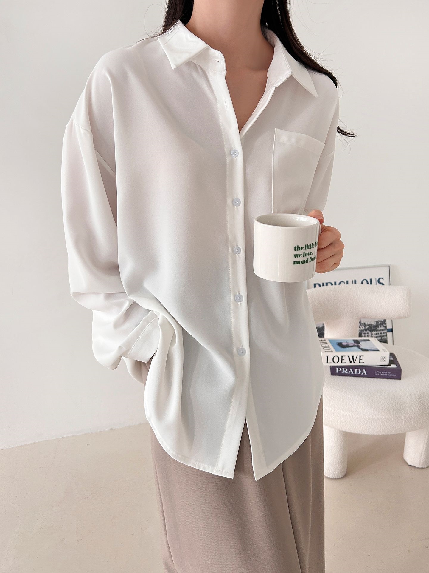 ボタンカラーオーバーサイズボクシールーズ長袖ワンポケットボタンスリーブドロップショルダー無地シャツ | 詳細画像6