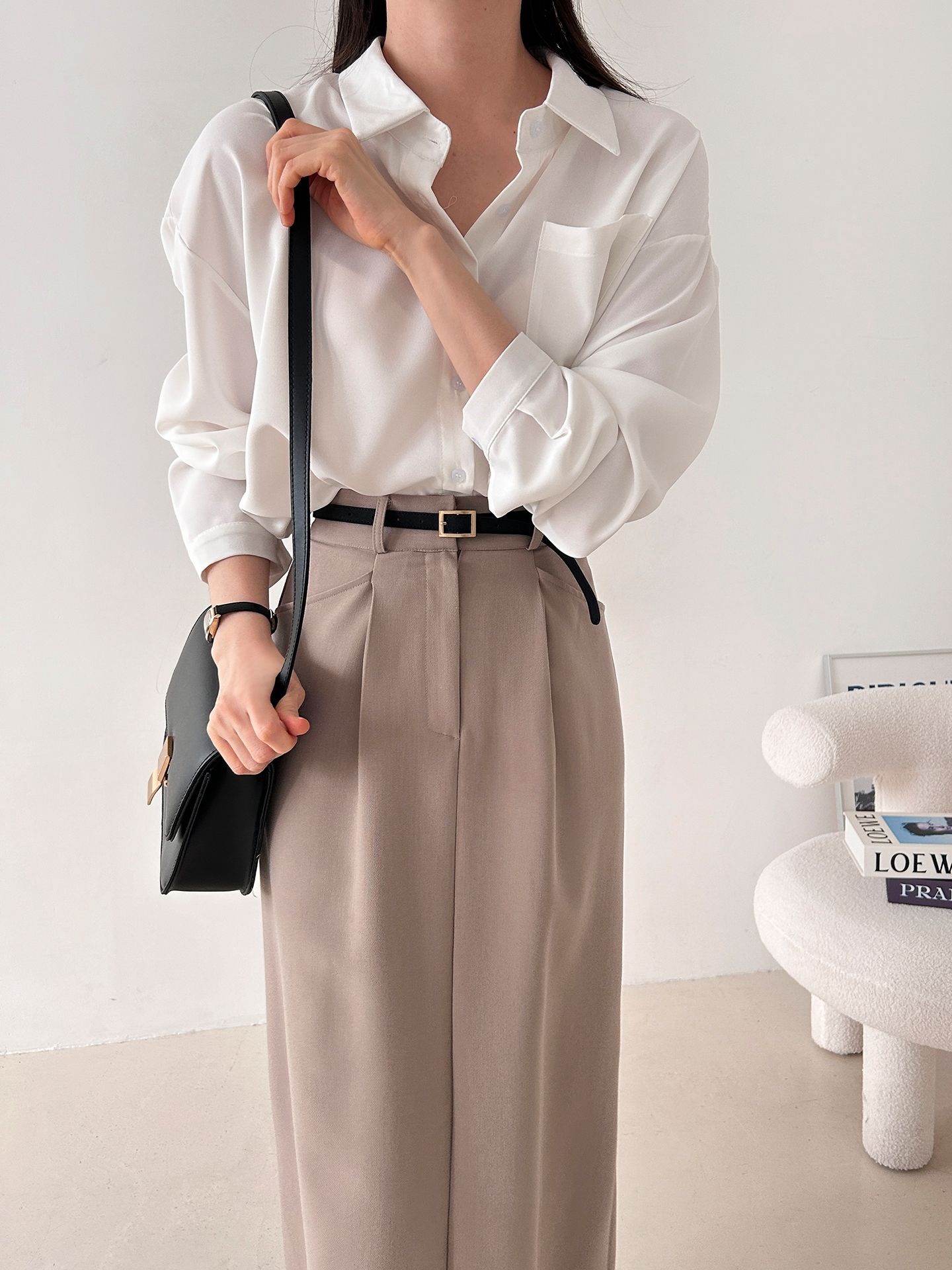 ボタンカラーオーバーサイズボクシールーズ長袖ワンポケットボタンスリーブドロップショルダー無地シャツ | 詳細画像7