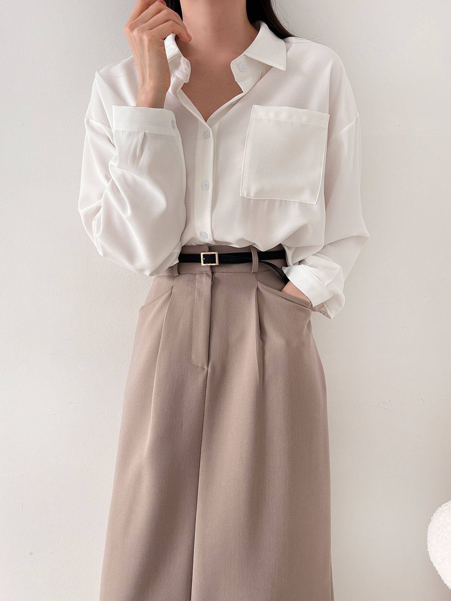 ボタンカラーオーバーサイズボクシールーズ長袖ワンポケットボタンスリーブドロップショルダー無地シャツ | 詳細画像10