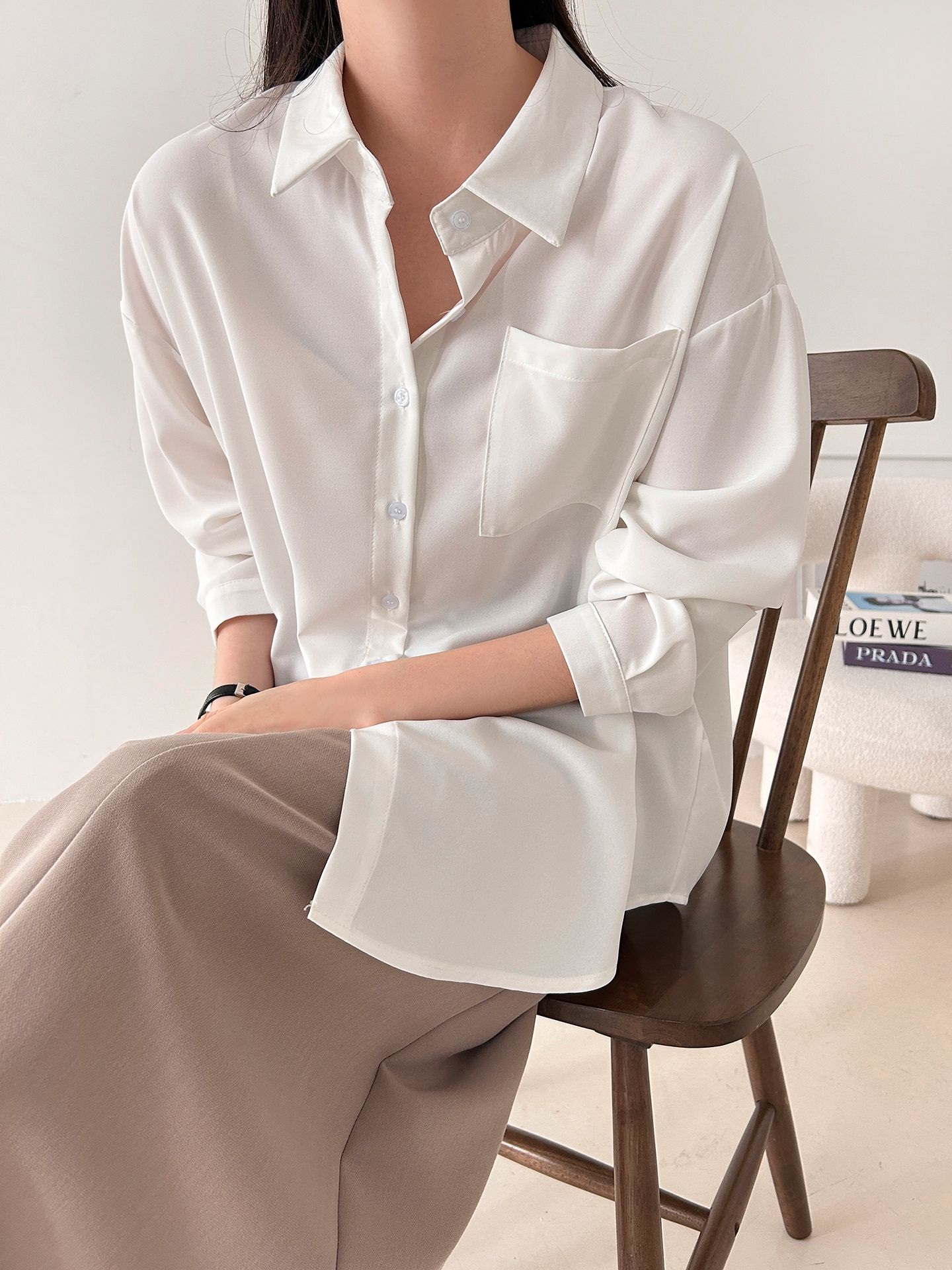 ボタンカラーオーバーサイズボクシールーズ長袖ワンポケットボタンスリーブドロップショルダー無地シャツ | 詳細画像11