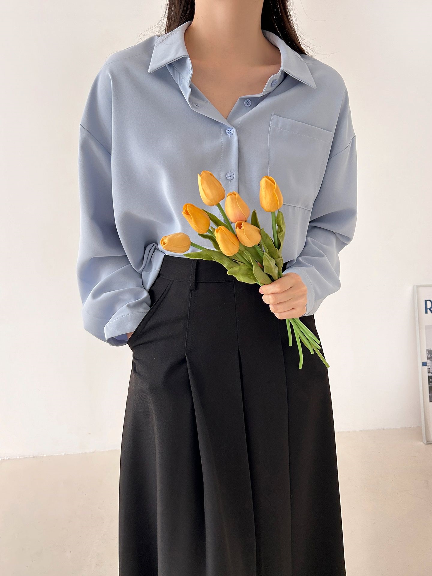 ボタンカラーオーバーサイズボクシールーズ長袖ワンポケットボタンスリーブドロップショルダー無地シャツ | 詳細画像12