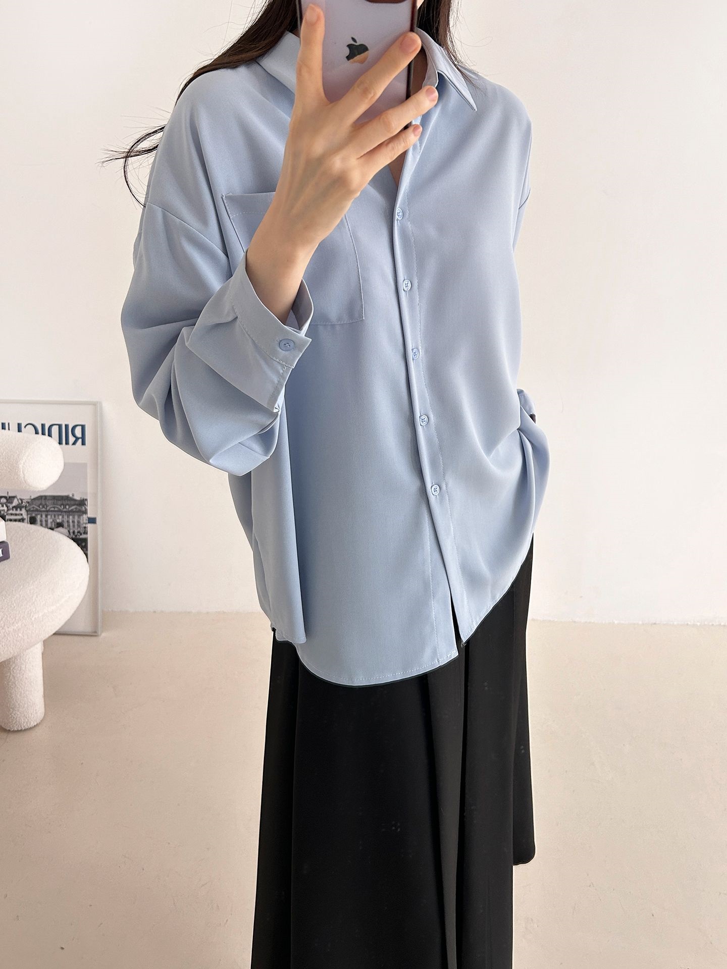 ボタンカラーオーバーサイズボクシールーズ長袖ワンポケットボタンスリーブドロップショルダー無地シャツ | 詳細画像13