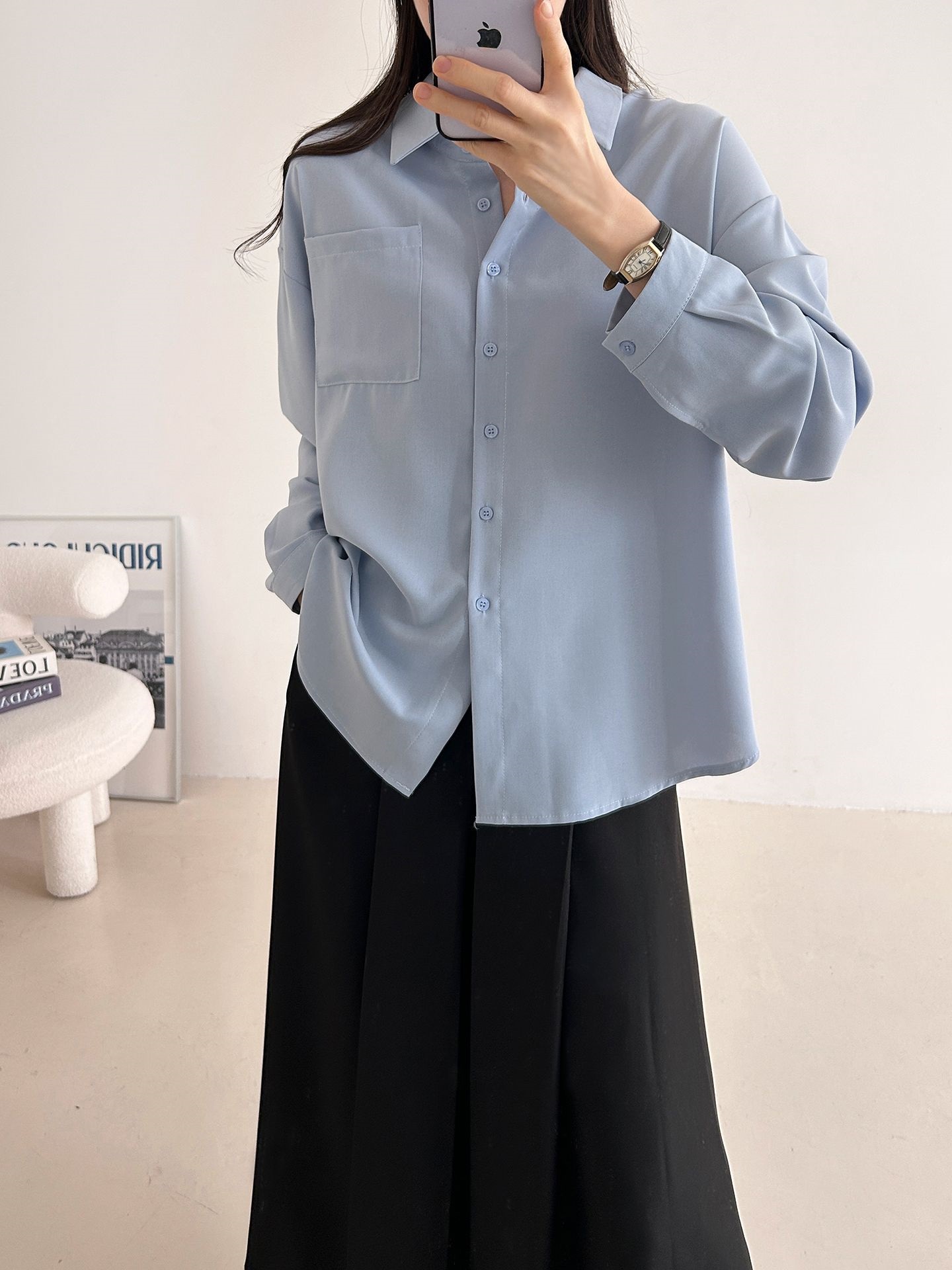 ボタンカラーオーバーサイズボクシールーズ長袖ワンポケットボタンスリーブドロップショルダー無地シャツ | 詳細画像14
