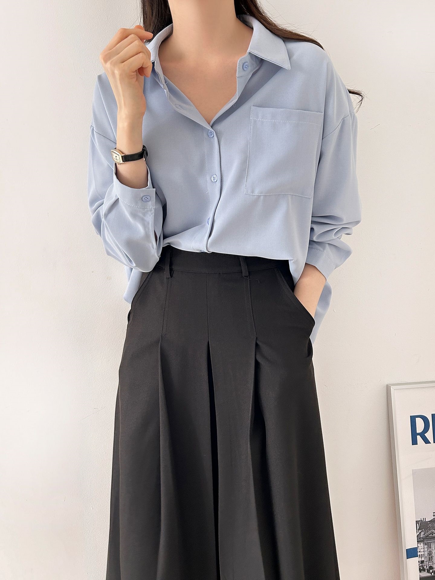 ボタンカラーオーバーサイズボクシールーズ長袖ワンポケットボタンスリーブドロップショルダー無地シャツ | 詳細画像15