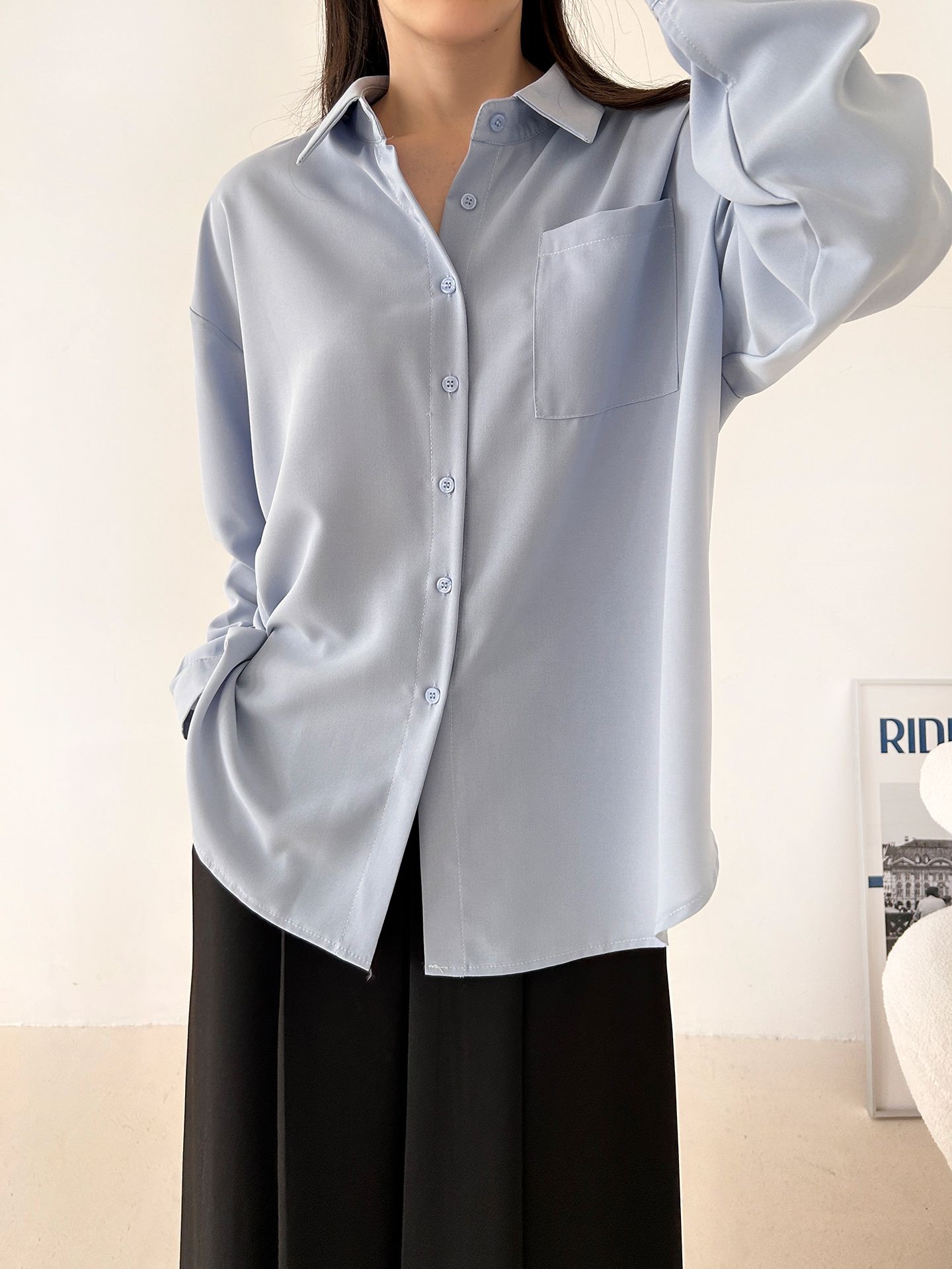 ボタンカラーオーバーサイズボクシールーズ長袖ワンポケットボタンスリーブドロップショルダー無地シャツ | 詳細画像17