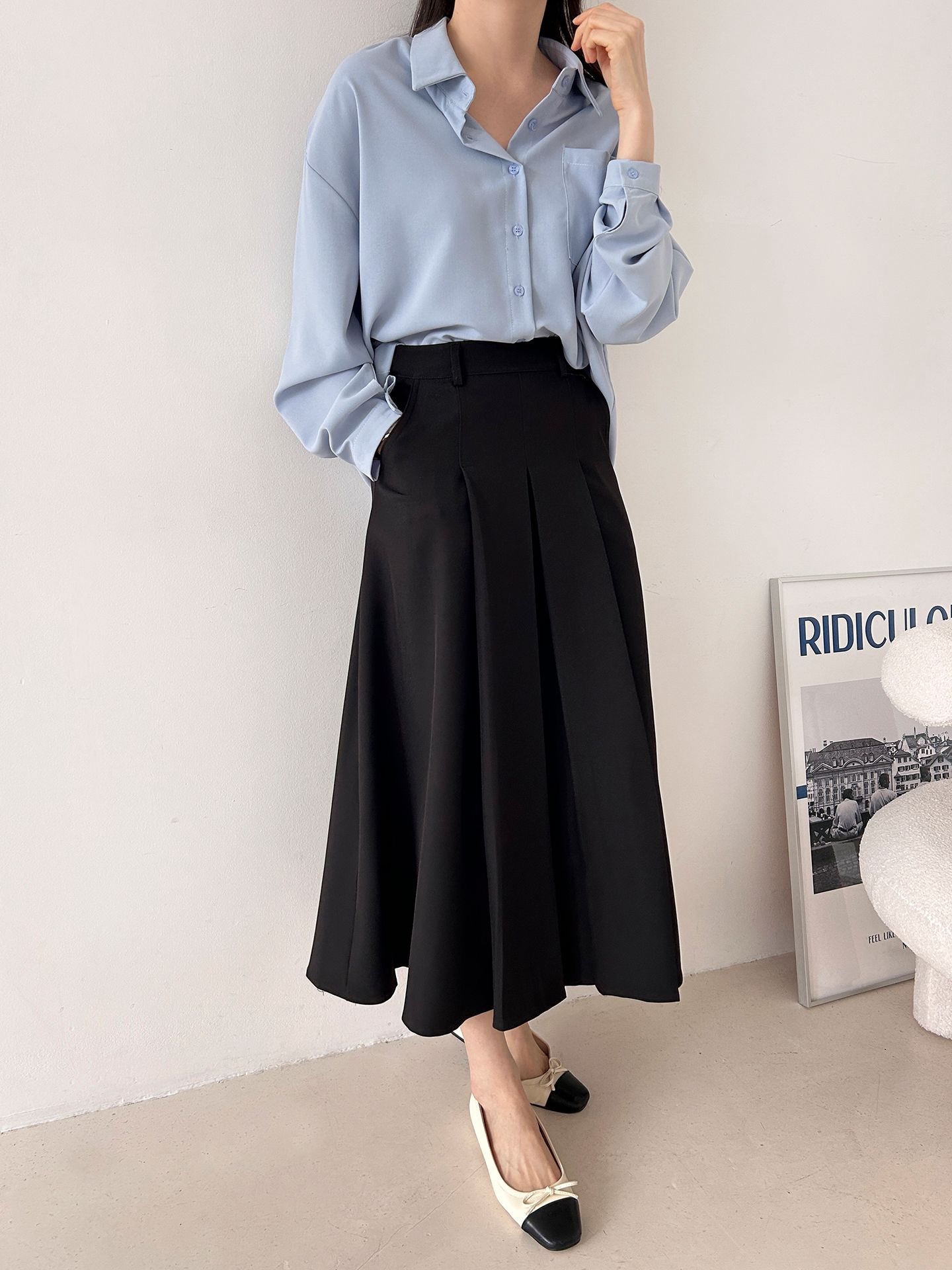 ボタンカラーオーバーサイズボクシールーズ長袖ワンポケットボタンスリーブドロップショルダー無地シャツ | 詳細画像19