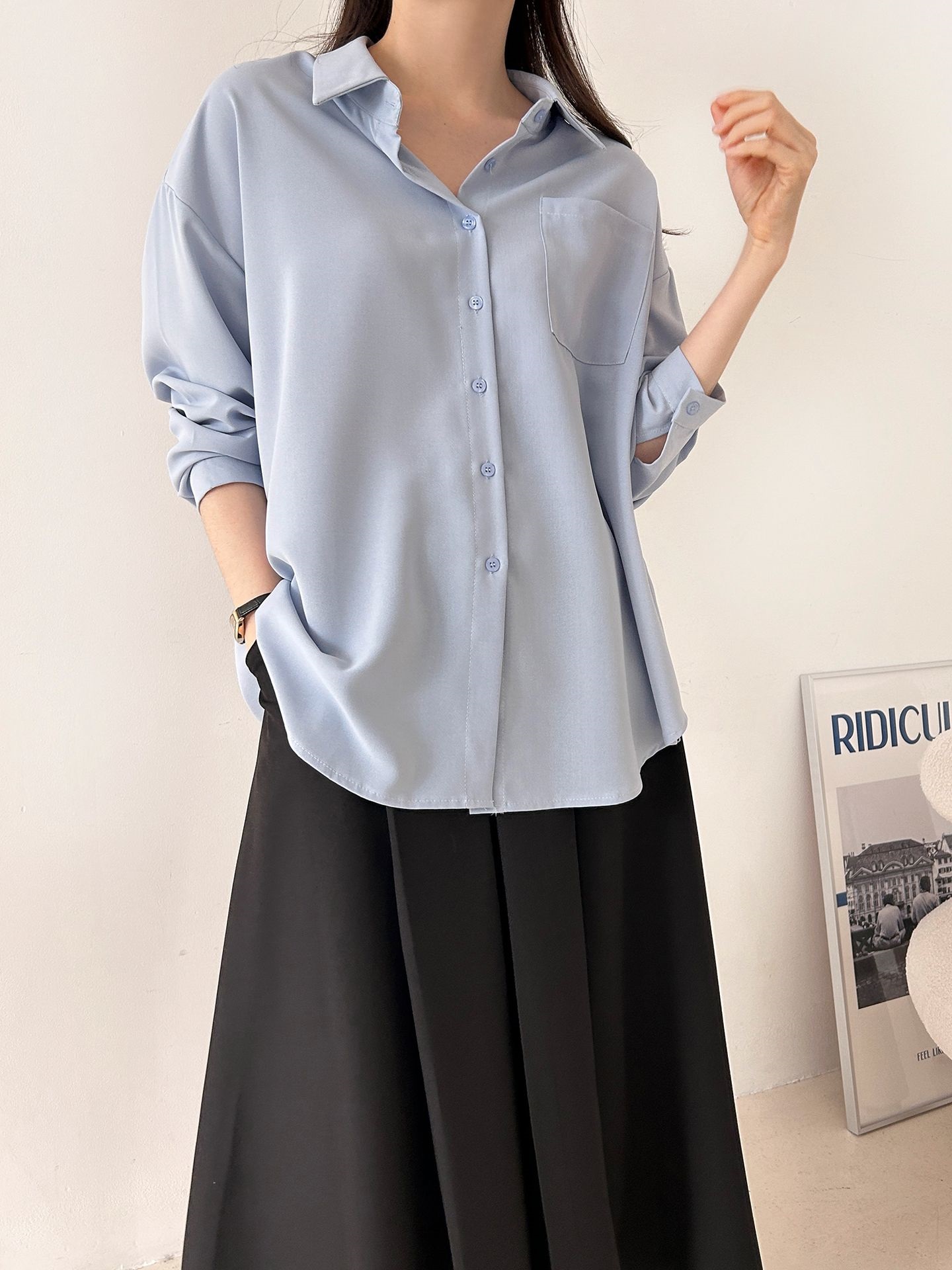ボタンカラーオーバーサイズボクシールーズ長袖ワンポケットボタンスリーブドロップショルダー無地シャツ | 詳細画像20