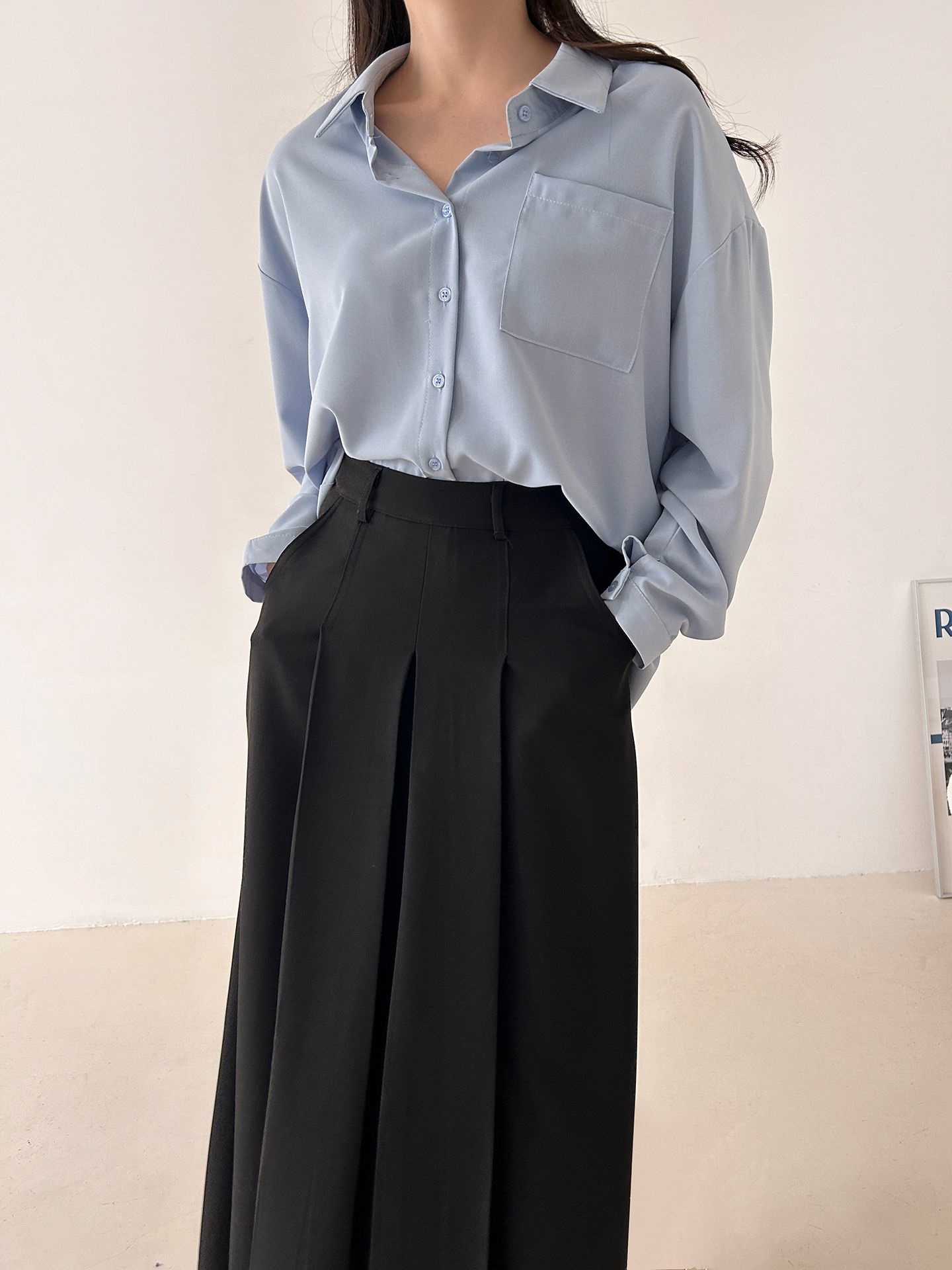 ボタンカラーオーバーサイズボクシールーズ長袖ワンポケットボタンスリーブドロップショルダー無地シャツ | 詳細画像21