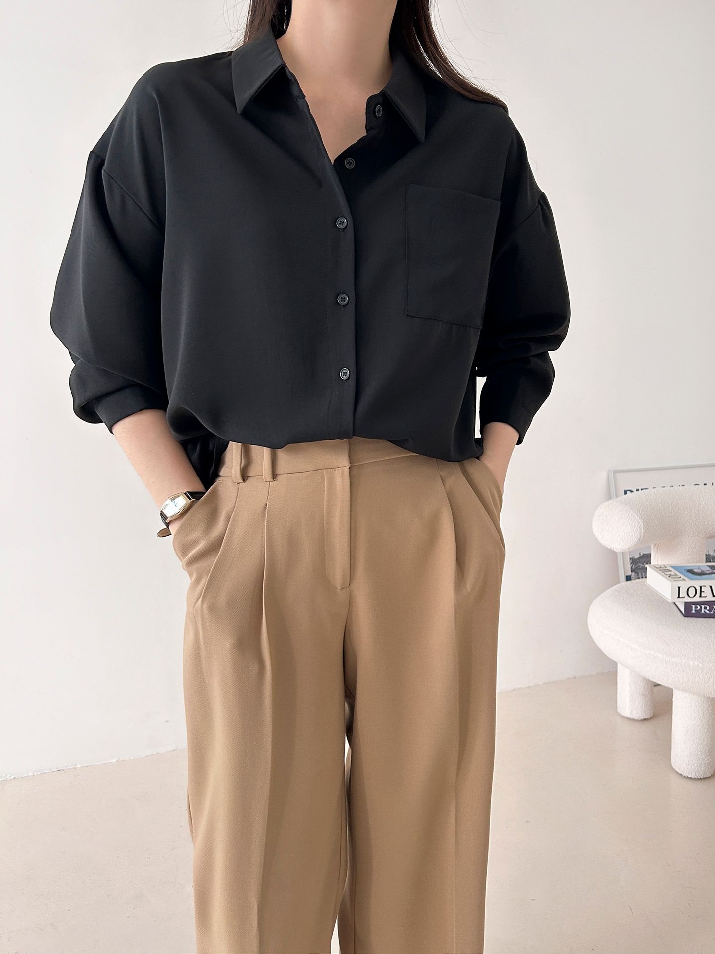 ボタンカラーオーバーサイズボクシールーズ長袖ワンポケットボタンスリーブドロップショルダー無地シャツ | 詳細画像33