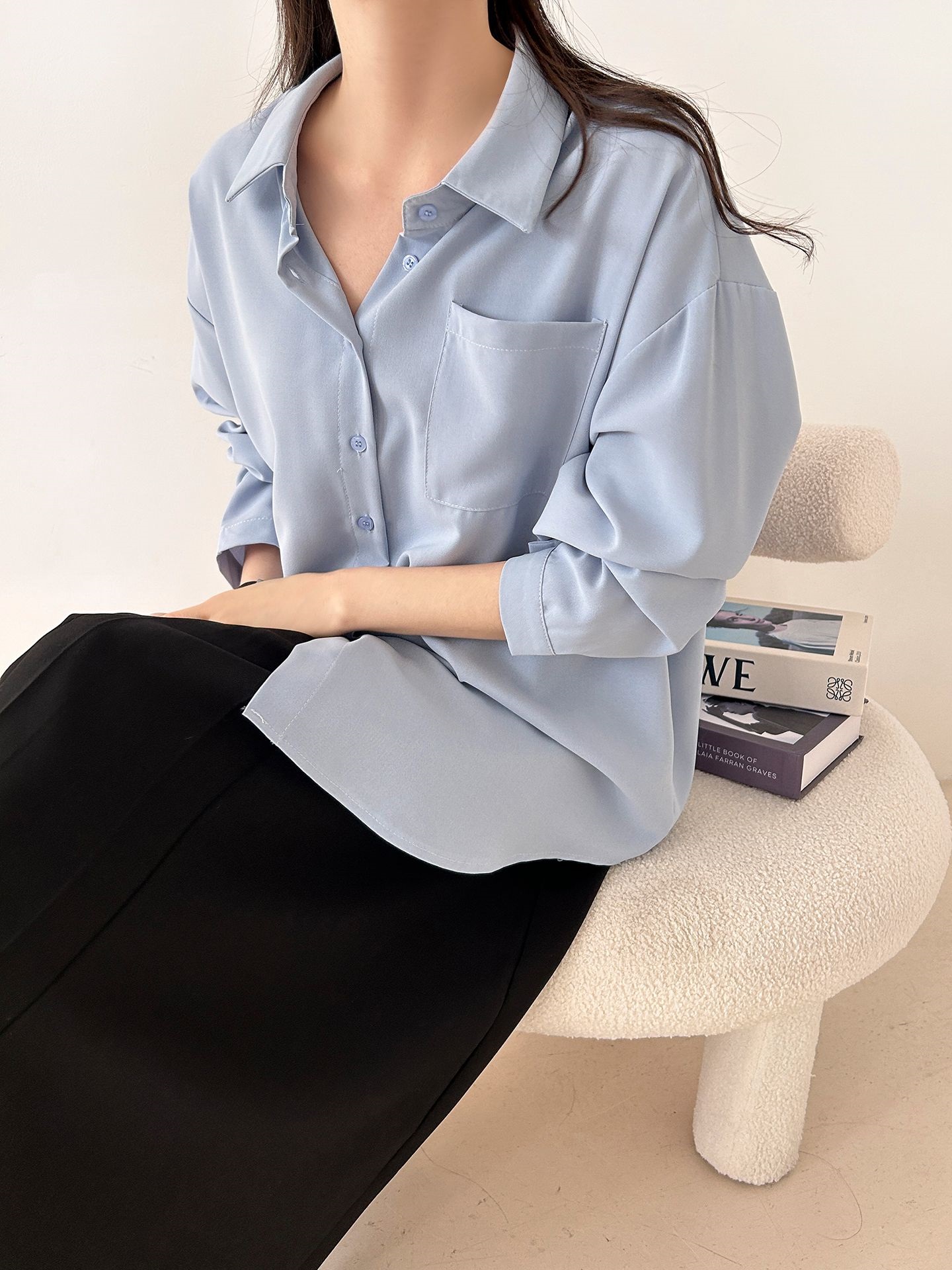 ボタンカラーオーバーサイズボクシールーズ長袖ワンポケットボタンスリーブドロップショルダー無地シャツ | 詳細画像26