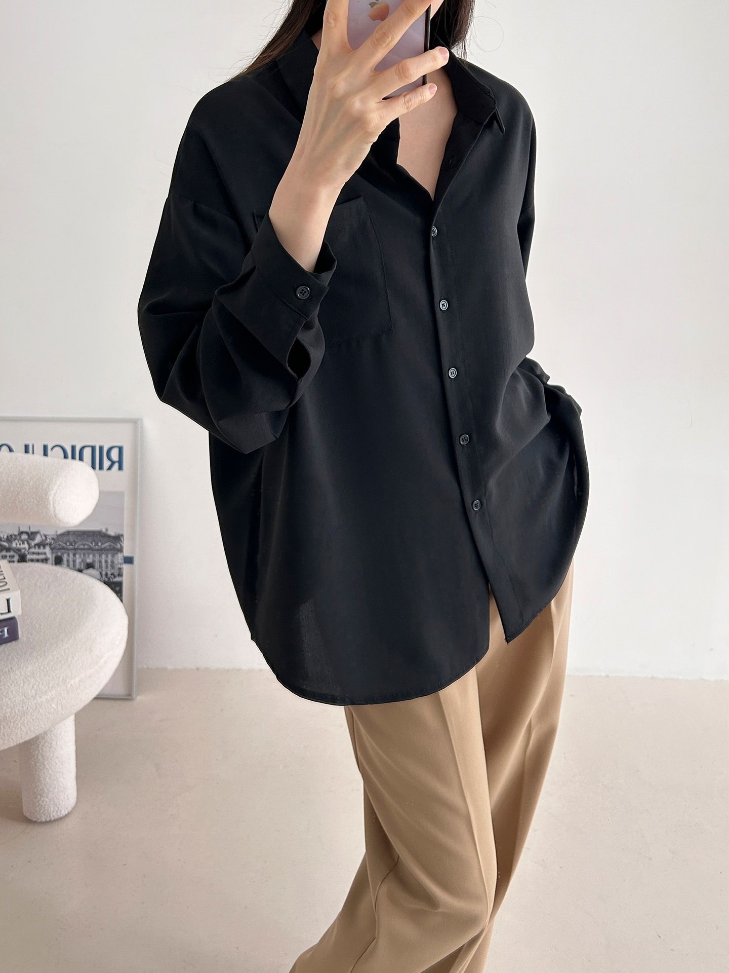 ボタンカラーオーバーサイズボクシールーズ長袖ワンポケットボタンスリーブドロップショルダー無地シャツ | 詳細画像29