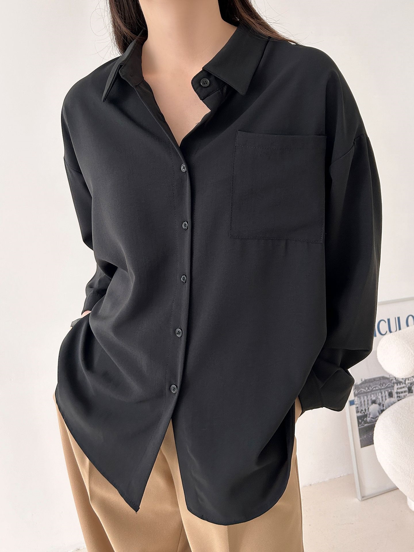 ボタンカラーオーバーサイズボクシールーズ長袖ワンポケットボタンスリーブドロップショルダー無地シャツ | 詳細画像32
