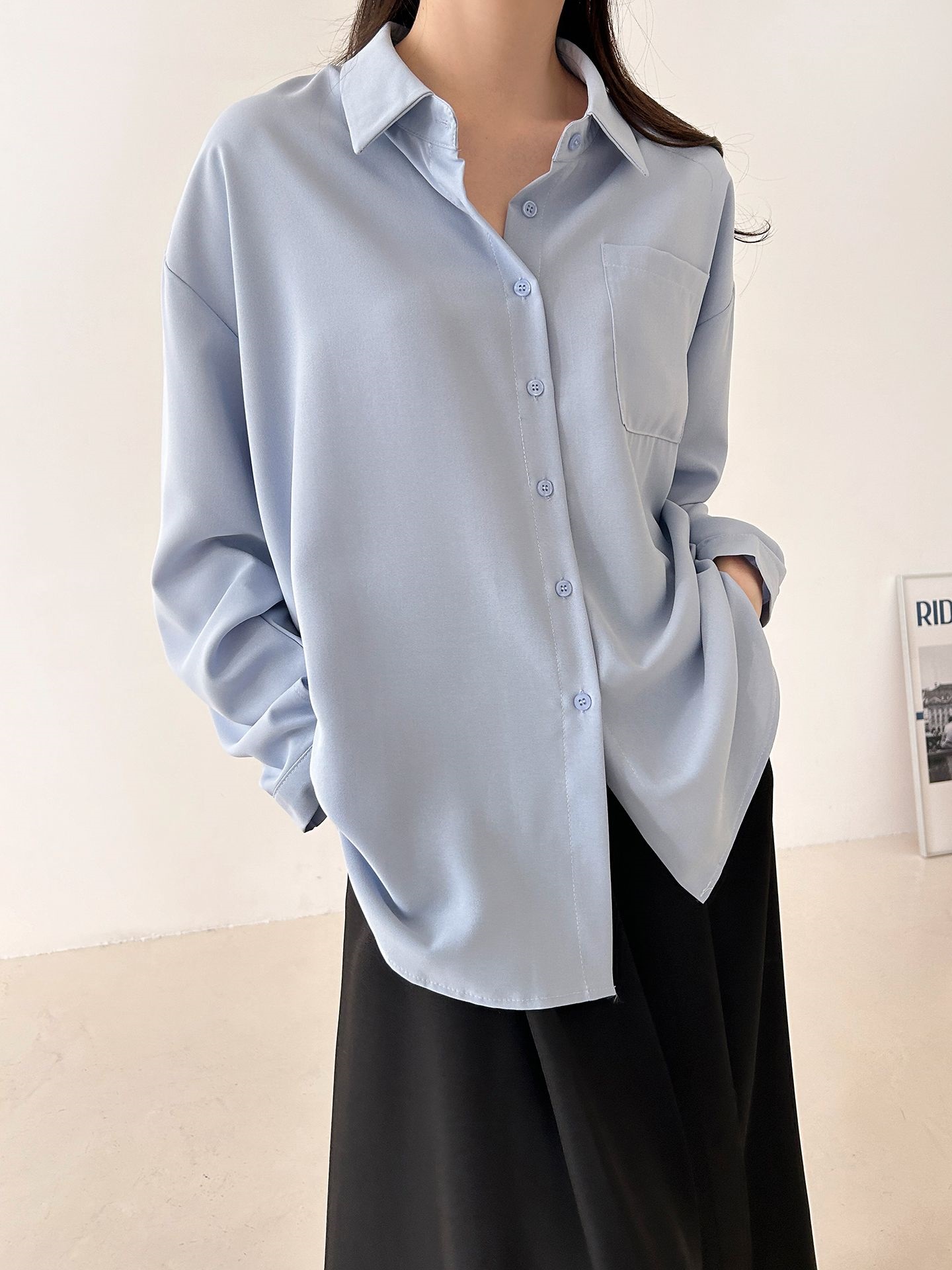 ボタンカラーオーバーサイズボクシールーズ長袖ワンポケットボタンスリーブドロップショルダー無地シャツ | 詳細画像22