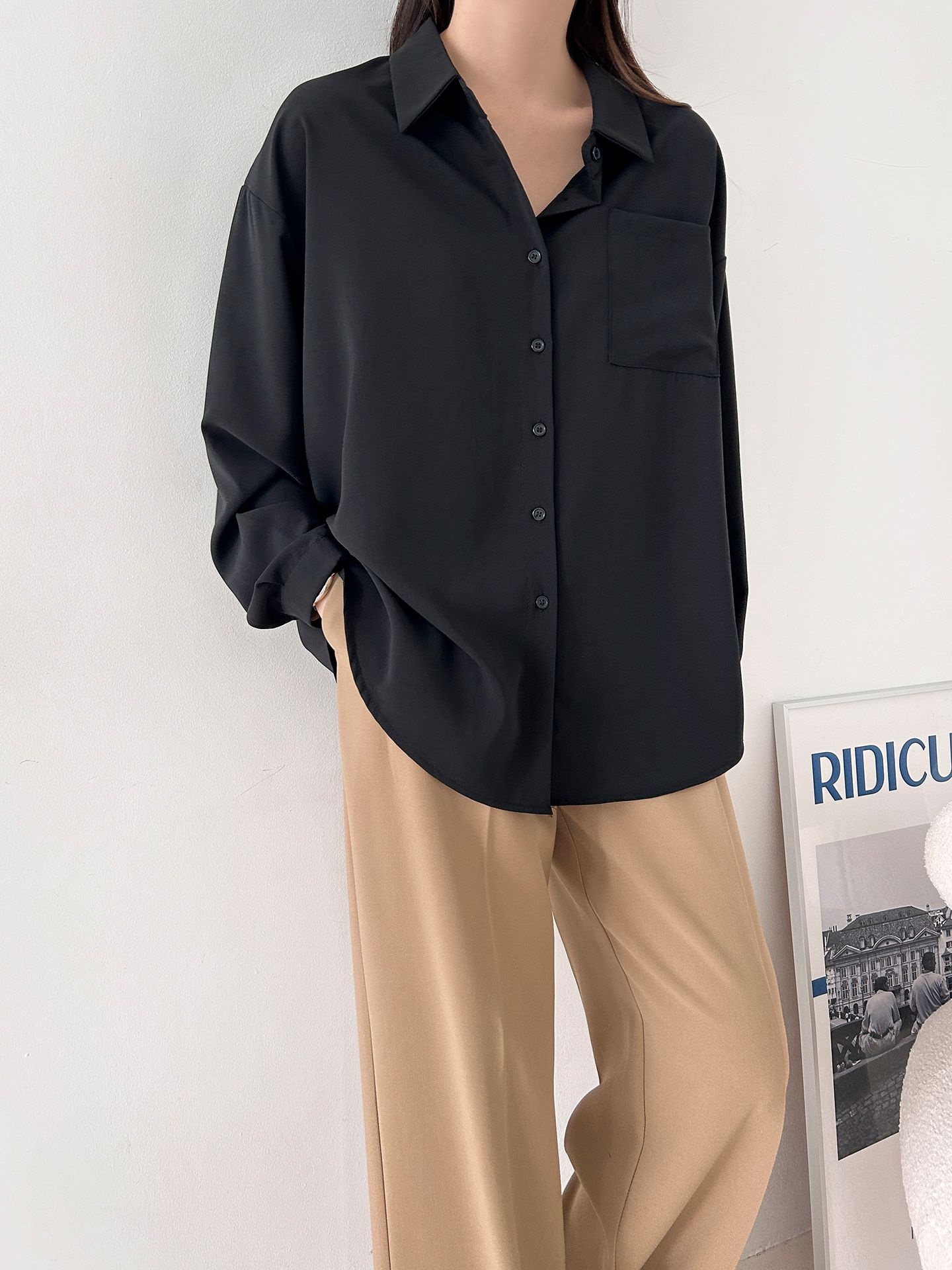 ボタンカラーオーバーサイズボクシールーズ長袖ワンポケットボタンスリーブドロップショルダー無地シャツ | 詳細画像34