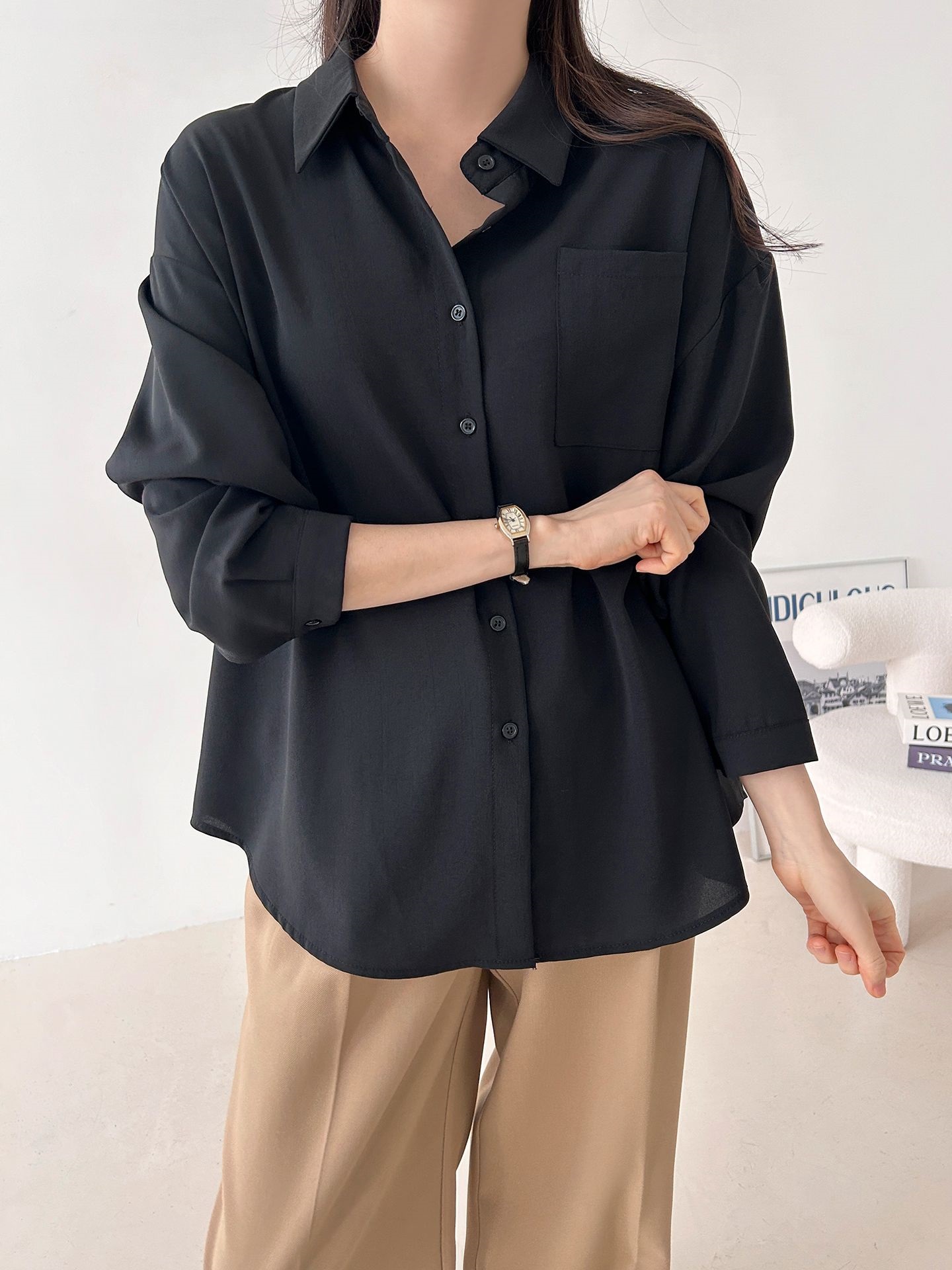 ボタンカラーオーバーサイズボクシールーズ長袖ワンポケットボタンスリーブドロップショルダー無地シャツ | 詳細画像35