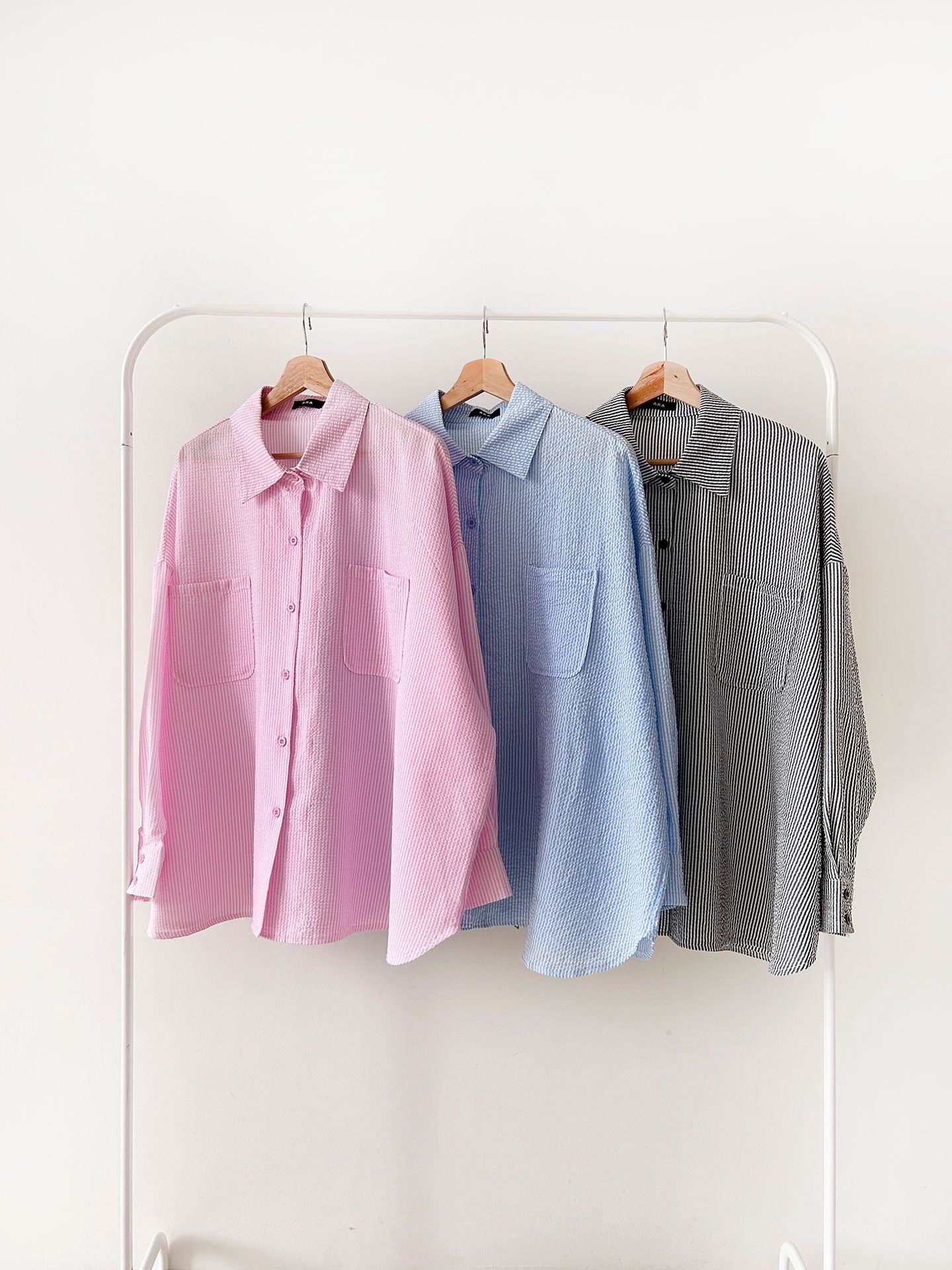 カラーオーバーサイズボクシー長袖ツーポケットボタンスリーブドロップショルダーストライプシャツ | 詳細画像37