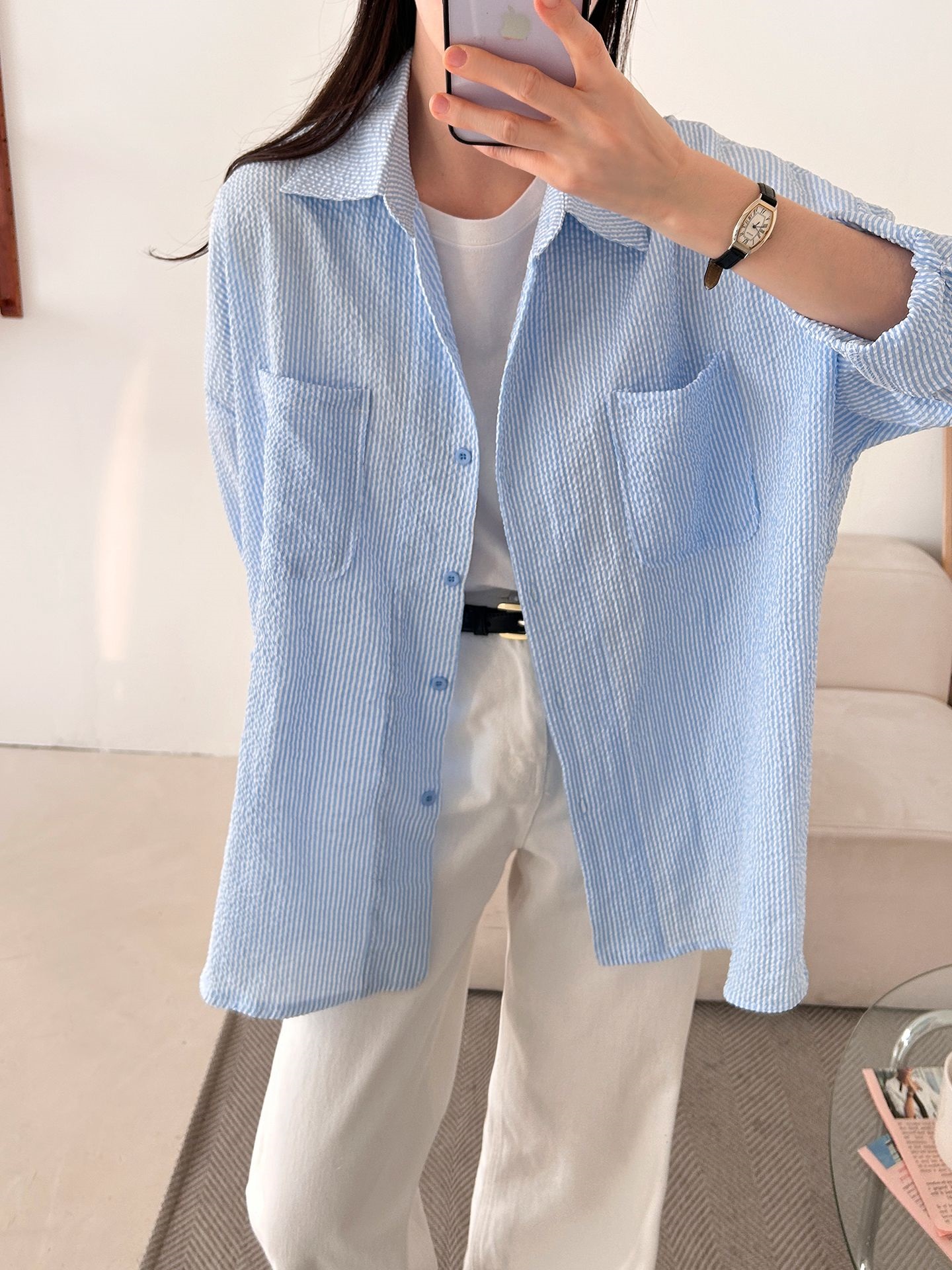 カラーオーバーサイズボクシー長袖ツーポケットボタンスリーブドロップショルダーストライプシャツ | 詳細画像2