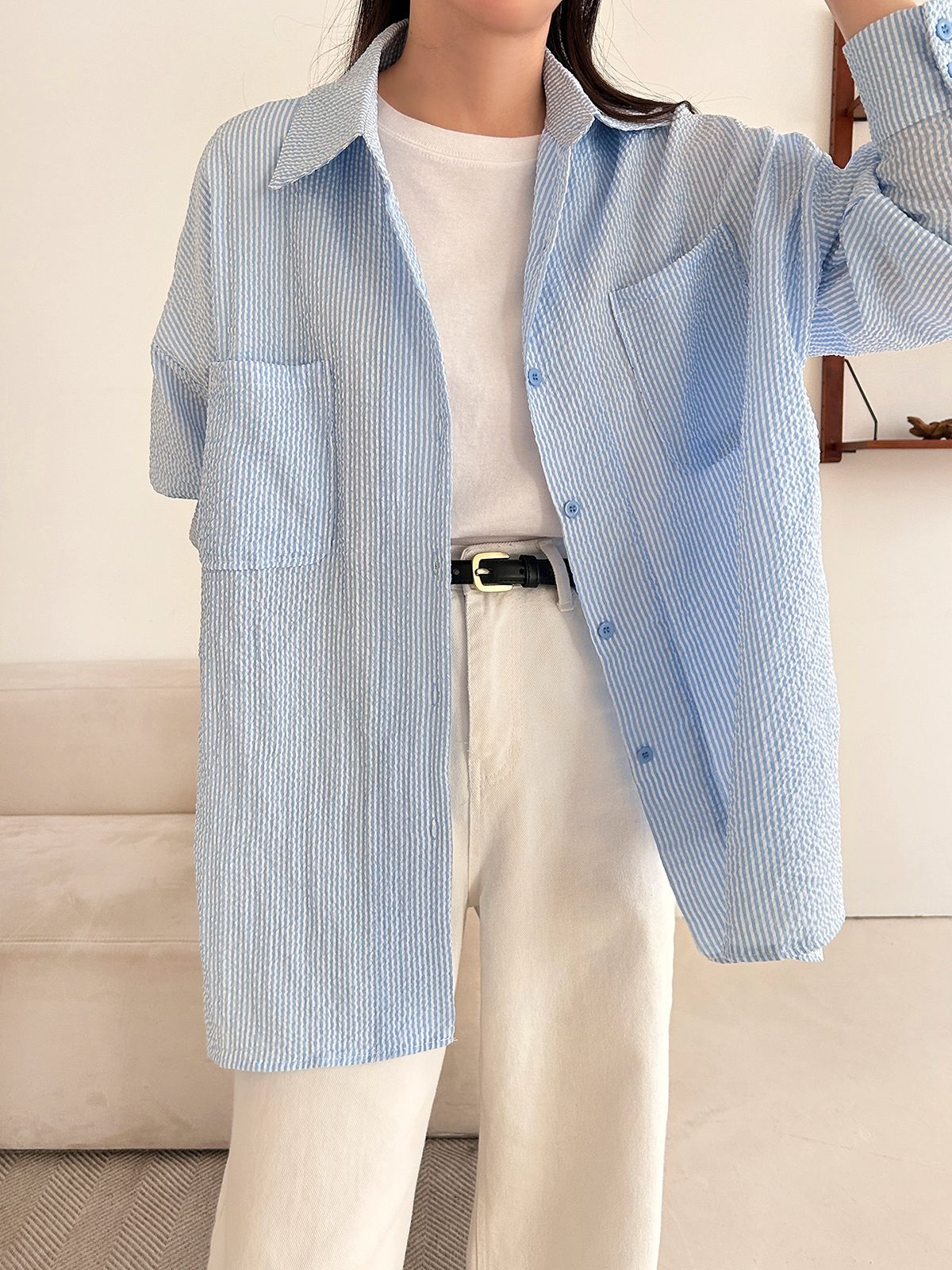 カラーオーバーサイズボクシー長袖ツーポケットボタンスリーブドロップショルダーストライプシャツ | 詳細画像3