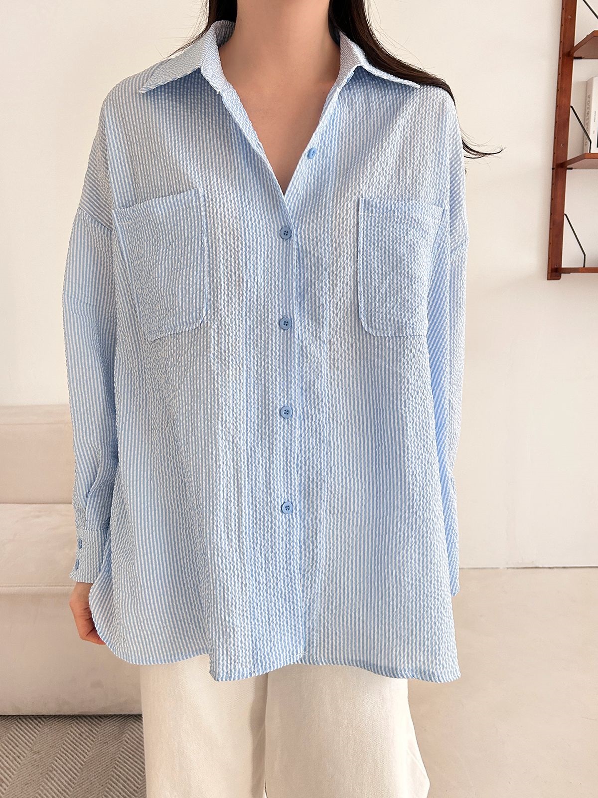 カラーオーバーサイズボクシー長袖ツーポケットボタンスリーブドロップショルダーストライプシャツ | 詳細画像5