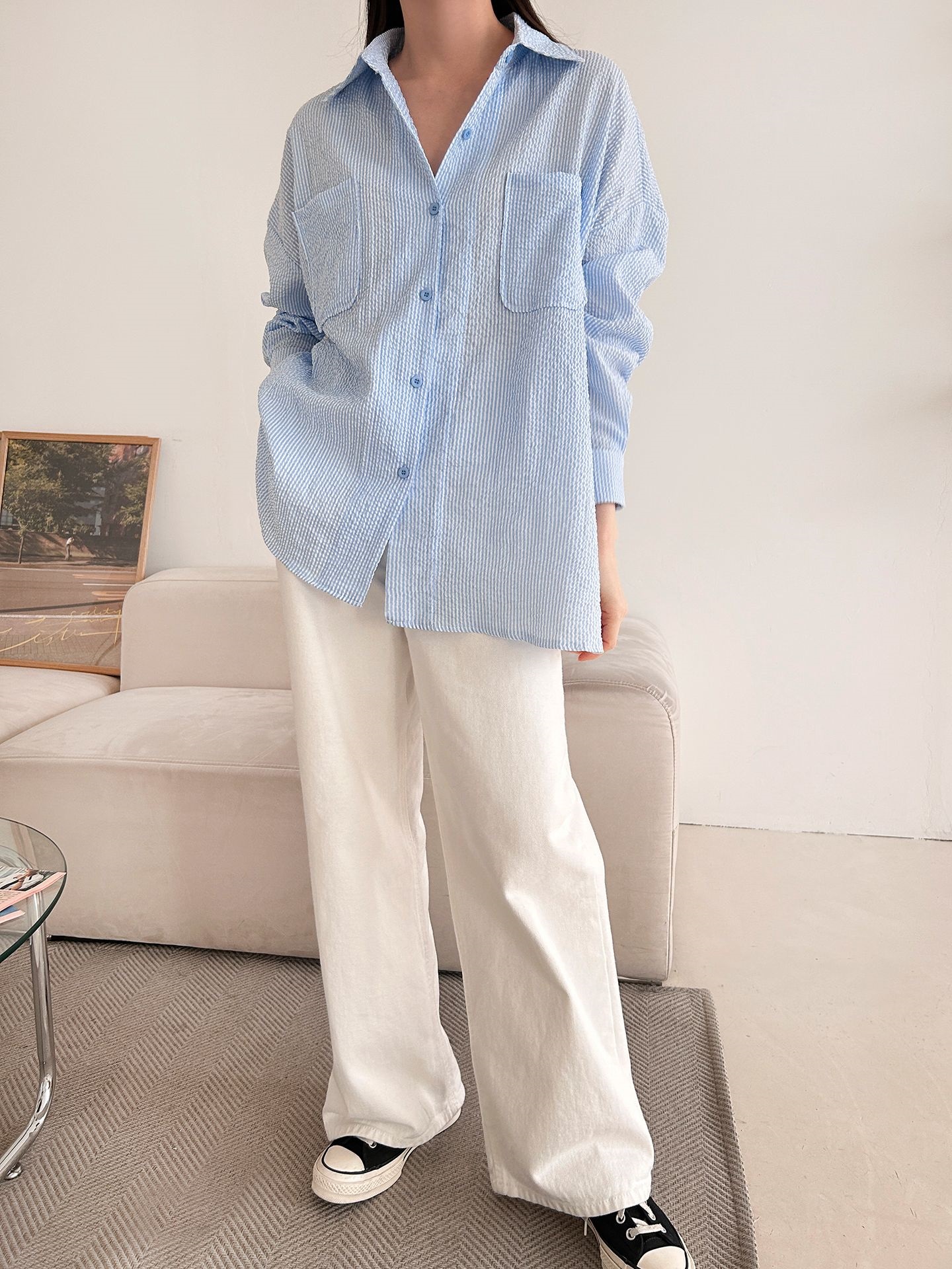 カラーオーバーサイズボクシー長袖ツーポケットボタンスリーブドロップショルダーストライプシャツ | 詳細画像6