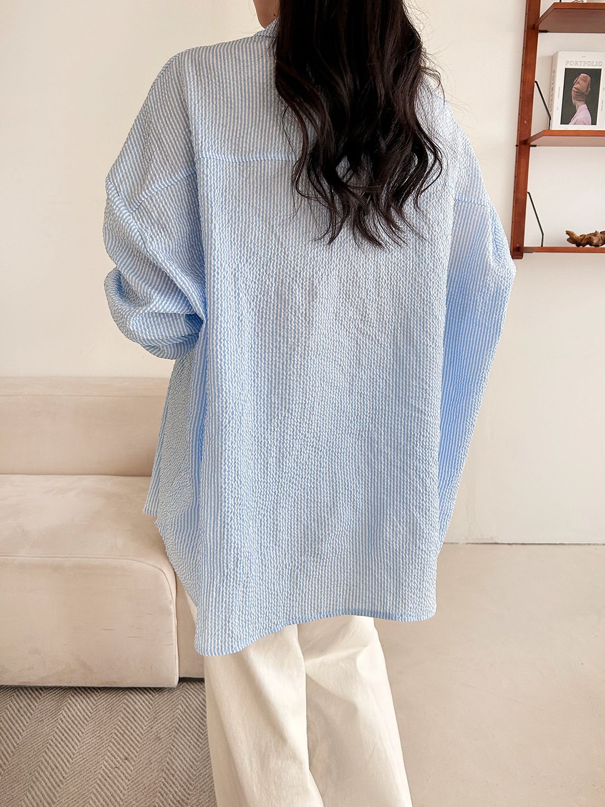 カラーオーバーサイズボクシー長袖ツーポケットボタンスリーブドロップショルダーストライプシャツ | 詳細画像8