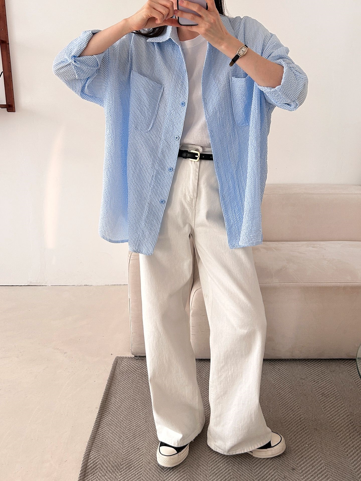 カラーオーバーサイズボクシー長袖ツーポケットボタンスリーブドロップショルダーストライプシャツ | 詳細画像10