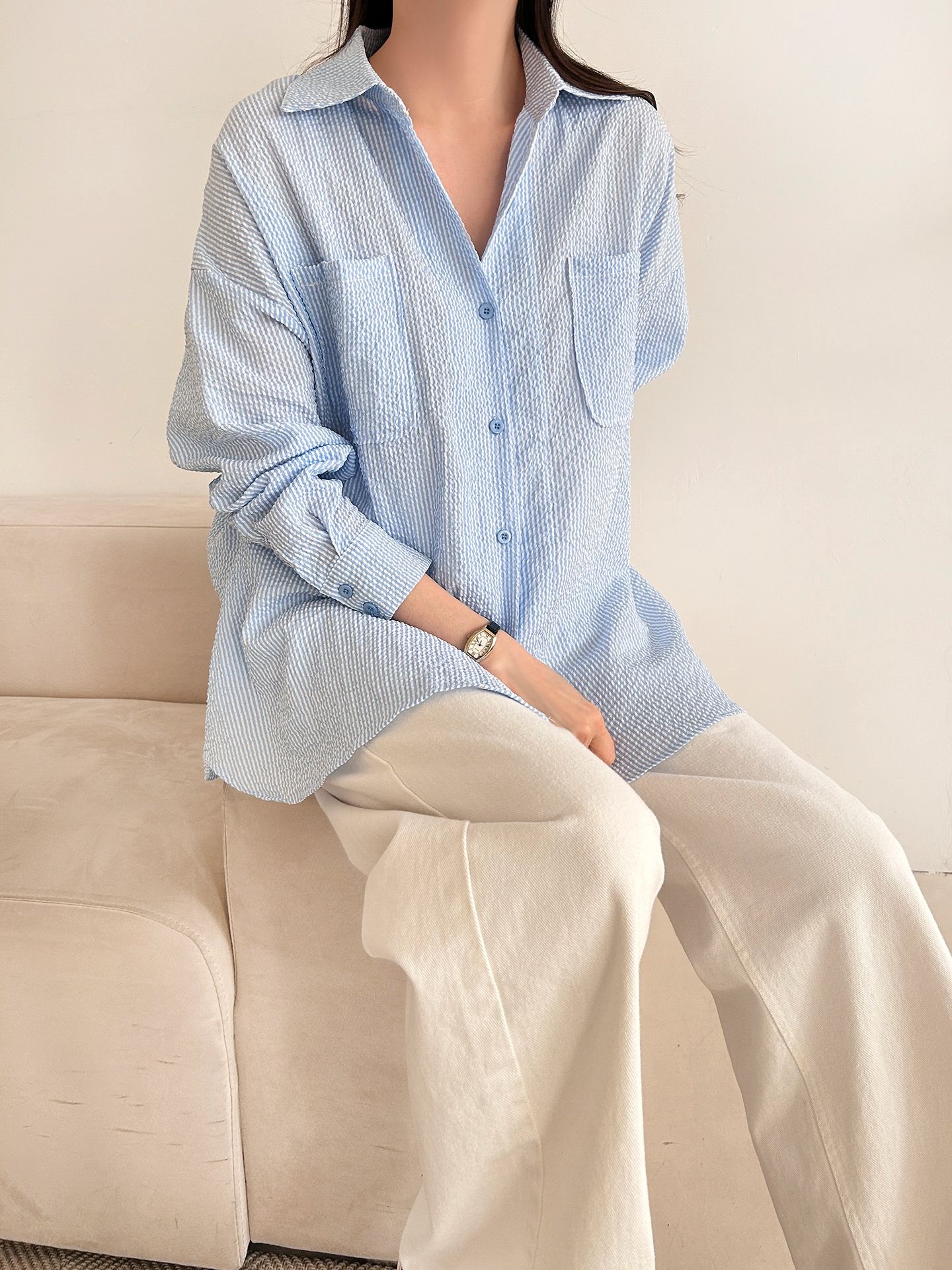 カラーオーバーサイズボクシー長袖ツーポケットボタンスリーブドロップショルダーストライプシャツ | 詳細画像11