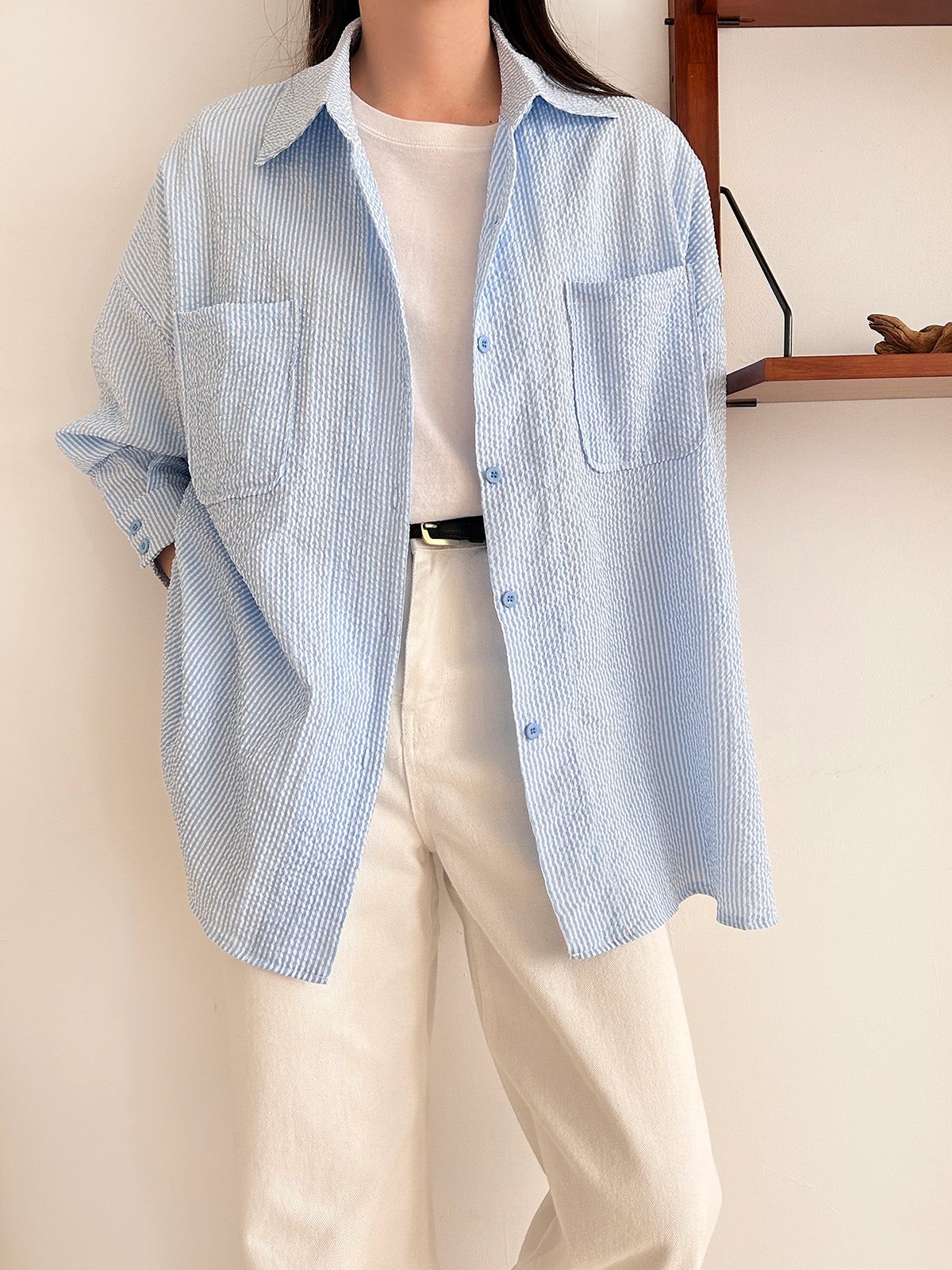 カラーオーバーサイズボクシー長袖ツーポケットボタンスリーブドロップショルダーストライプシャツ | 詳細画像13