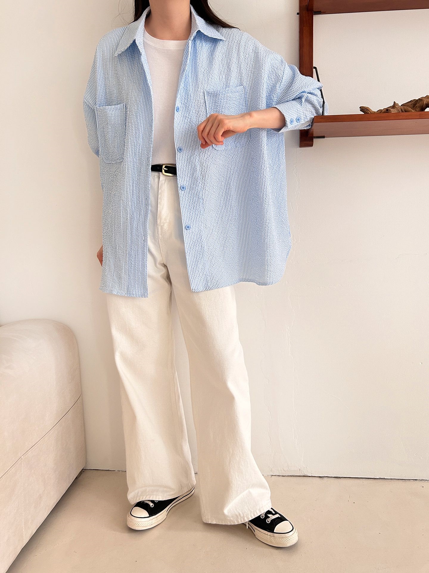 カラーオーバーサイズボクシー長袖ツーポケットボタンスリーブドロップショルダーストライプシャツ | 詳細画像14