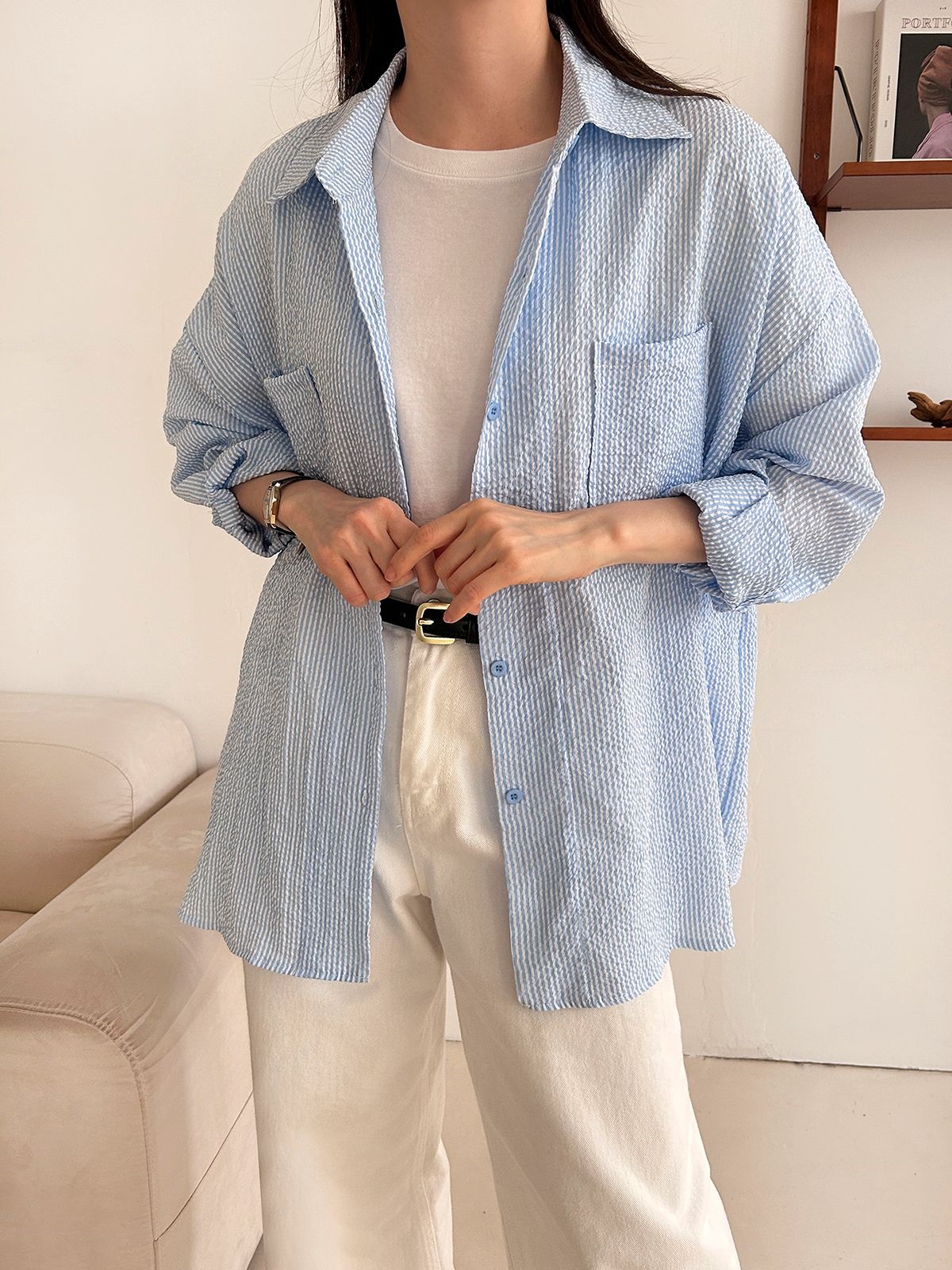 カラーオーバーサイズボクシー長袖ツーポケットボタンスリーブドロップショルダーストライプシャツ | 詳細画像15