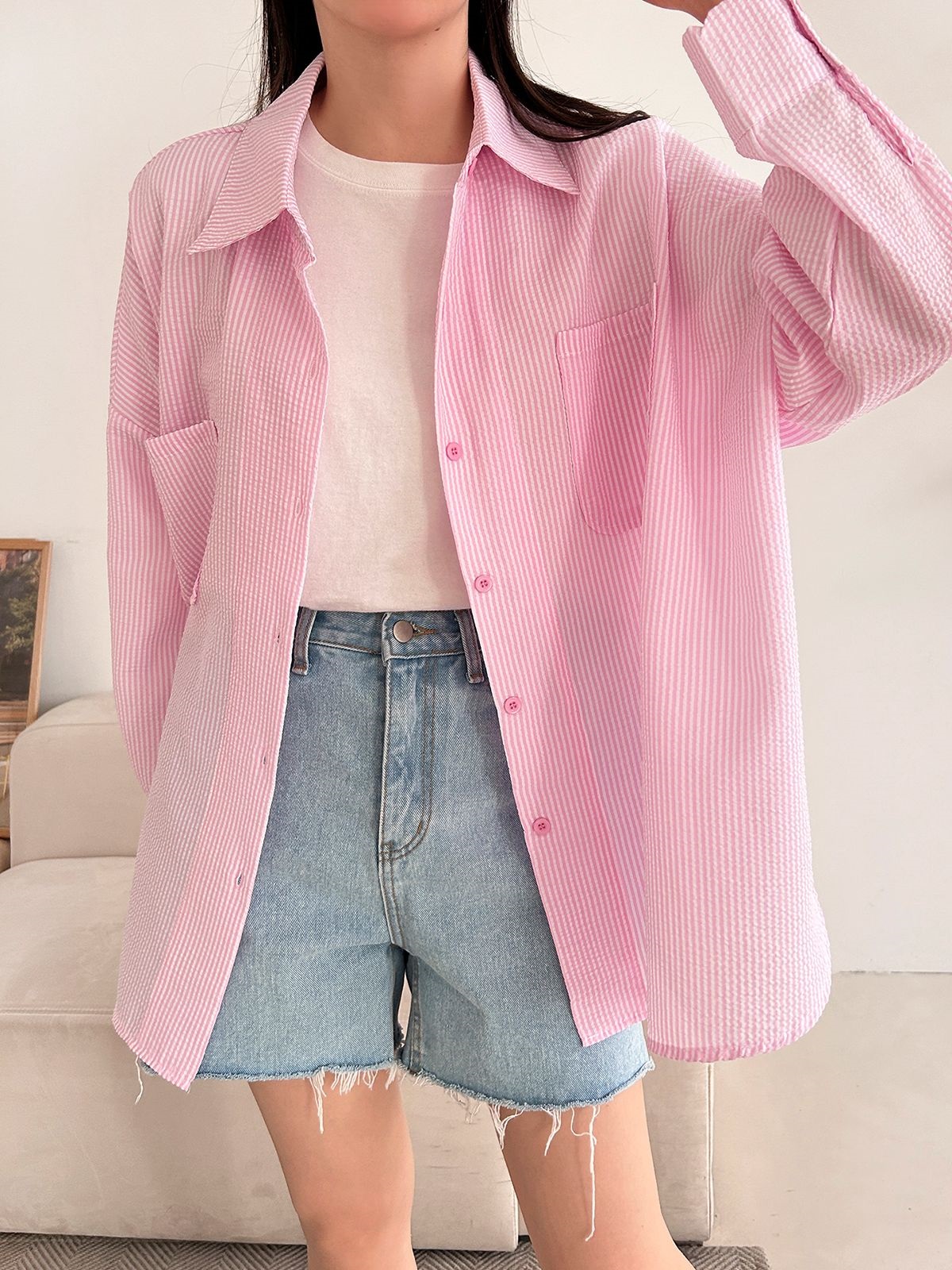 カラーオーバーサイズボクシー長袖ツーポケットボタンスリーブドロップショルダーストライプシャツ | 詳細画像17