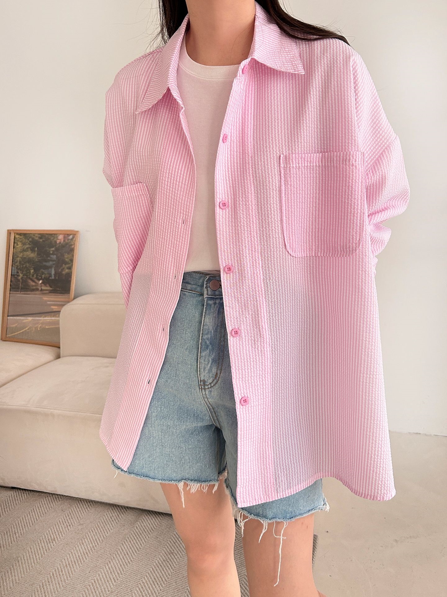 カラーオーバーサイズボクシー長袖ツーポケットボタンスリーブドロップショルダーストライプシャツ | 詳細画像18