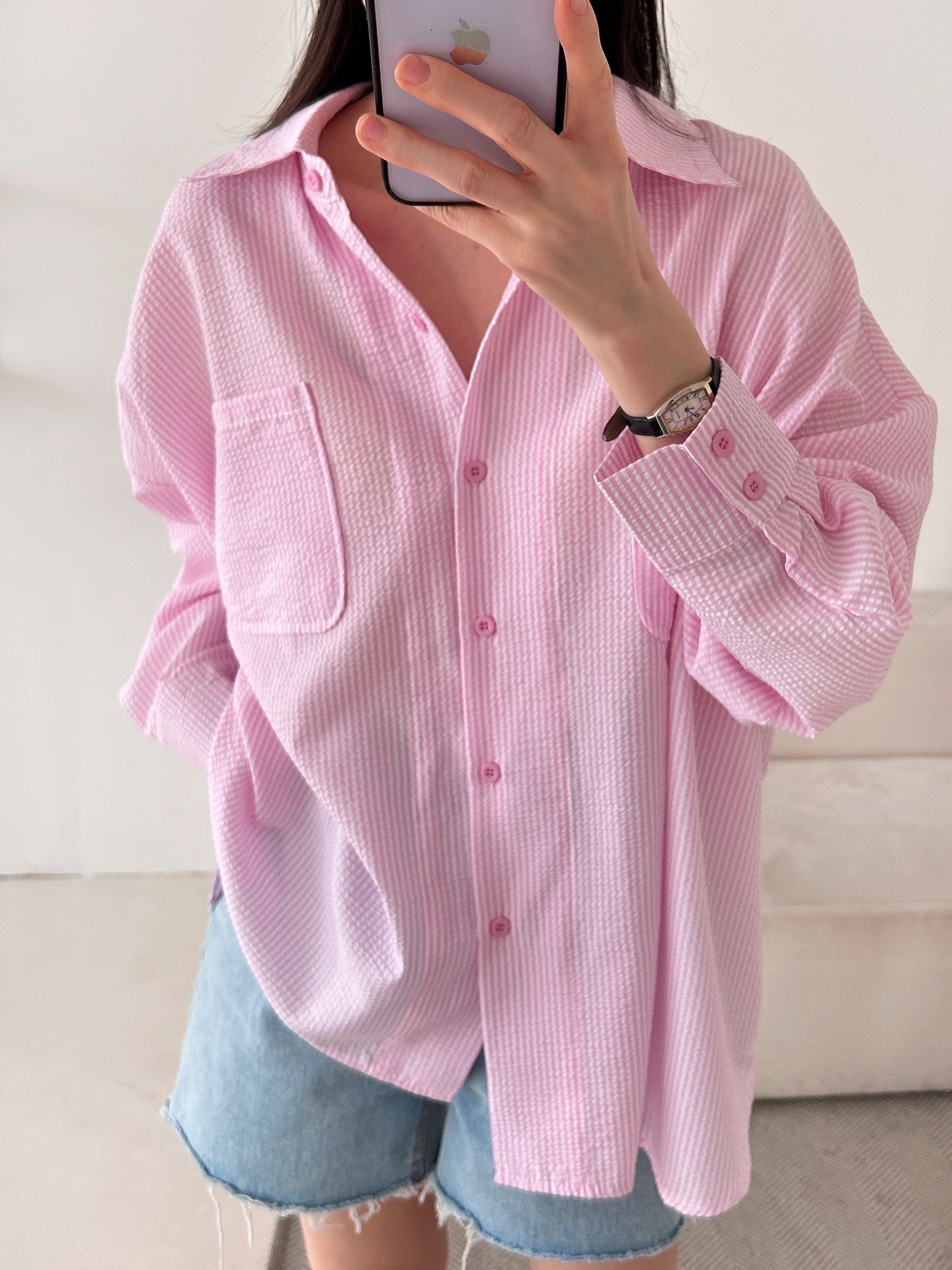 カラーオーバーサイズボクシー長袖ツーポケットボタンスリーブドロップショルダーストライプシャツ | 詳細画像19