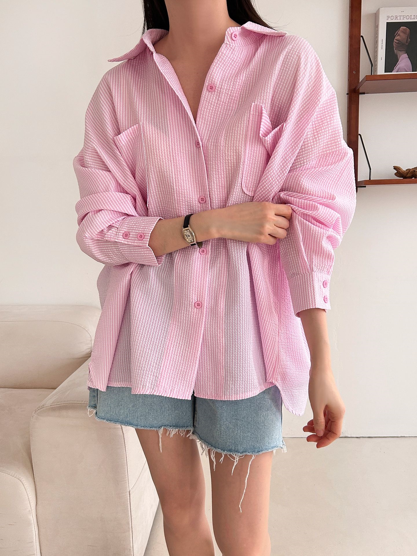 カラーオーバーサイズボクシー長袖ツーポケットボタンスリーブドロップショルダーストライプシャツ | 詳細画像20