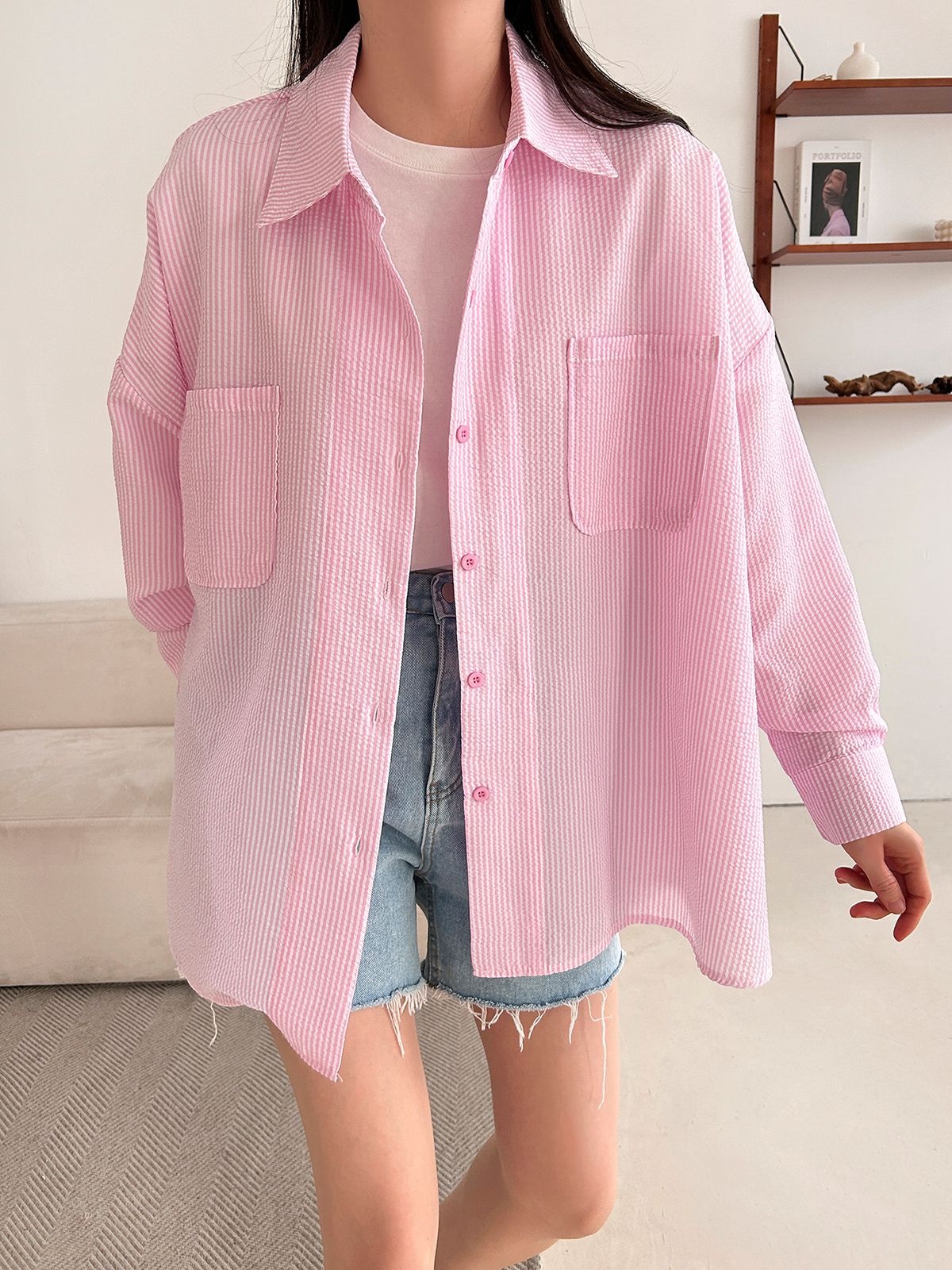 カラーオーバーサイズボクシー長袖ツーポケットボタンスリーブドロップショルダーストライプシャツ | 詳細画像22