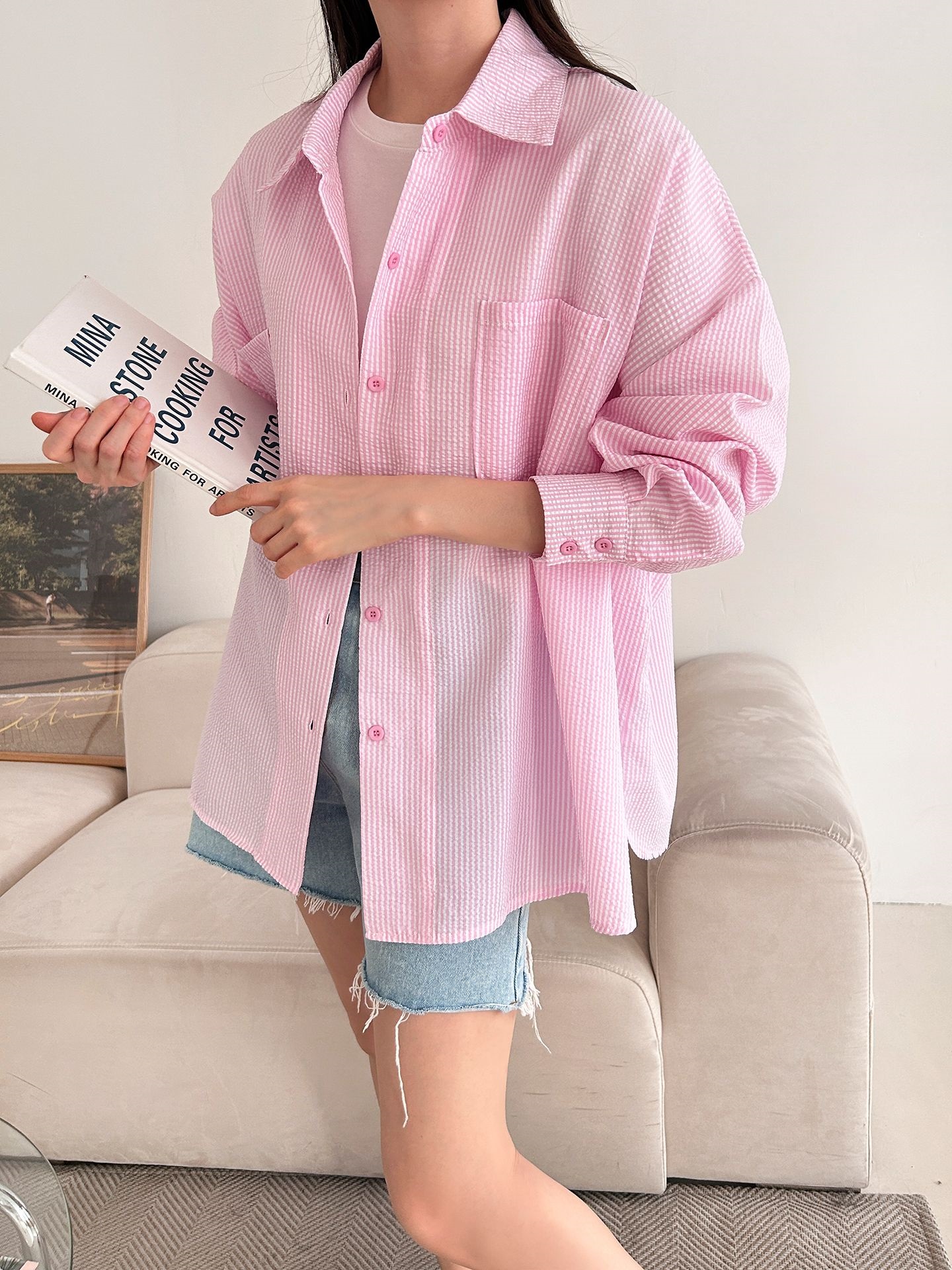 カラーオーバーサイズボクシー長袖ツーポケットボタンスリーブドロップショルダーストライプシャツ | 詳細画像23