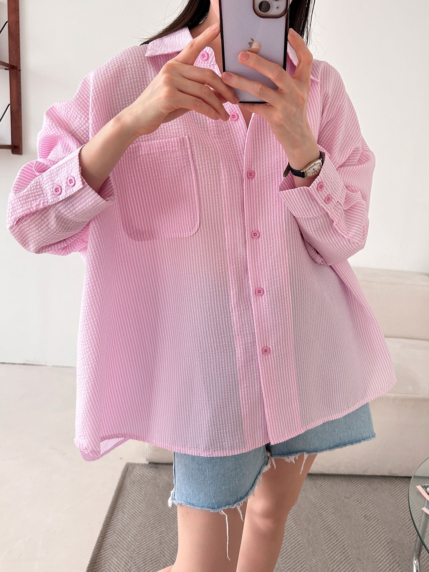 カラーオーバーサイズボクシー長袖ツーポケットボタンスリーブドロップショルダーストライプシャツ | 詳細画像25