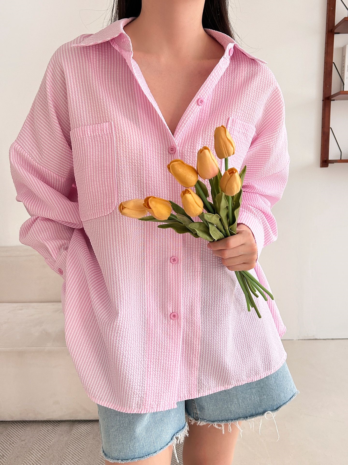 カラーオーバーサイズボクシー長袖ツーポケットボタンスリーブドロップショルダーストライプシャツ | 詳細画像26