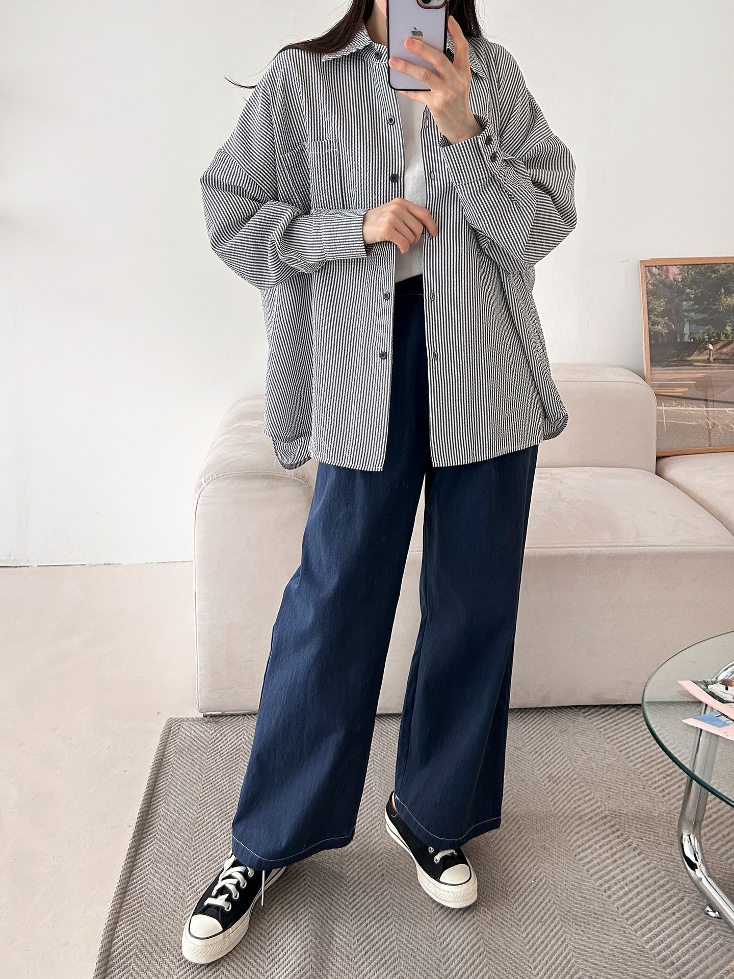 カラーオーバーサイズボクシー長袖ツーポケットボタンスリーブドロップショルダーストライプシャツ | 詳細画像27