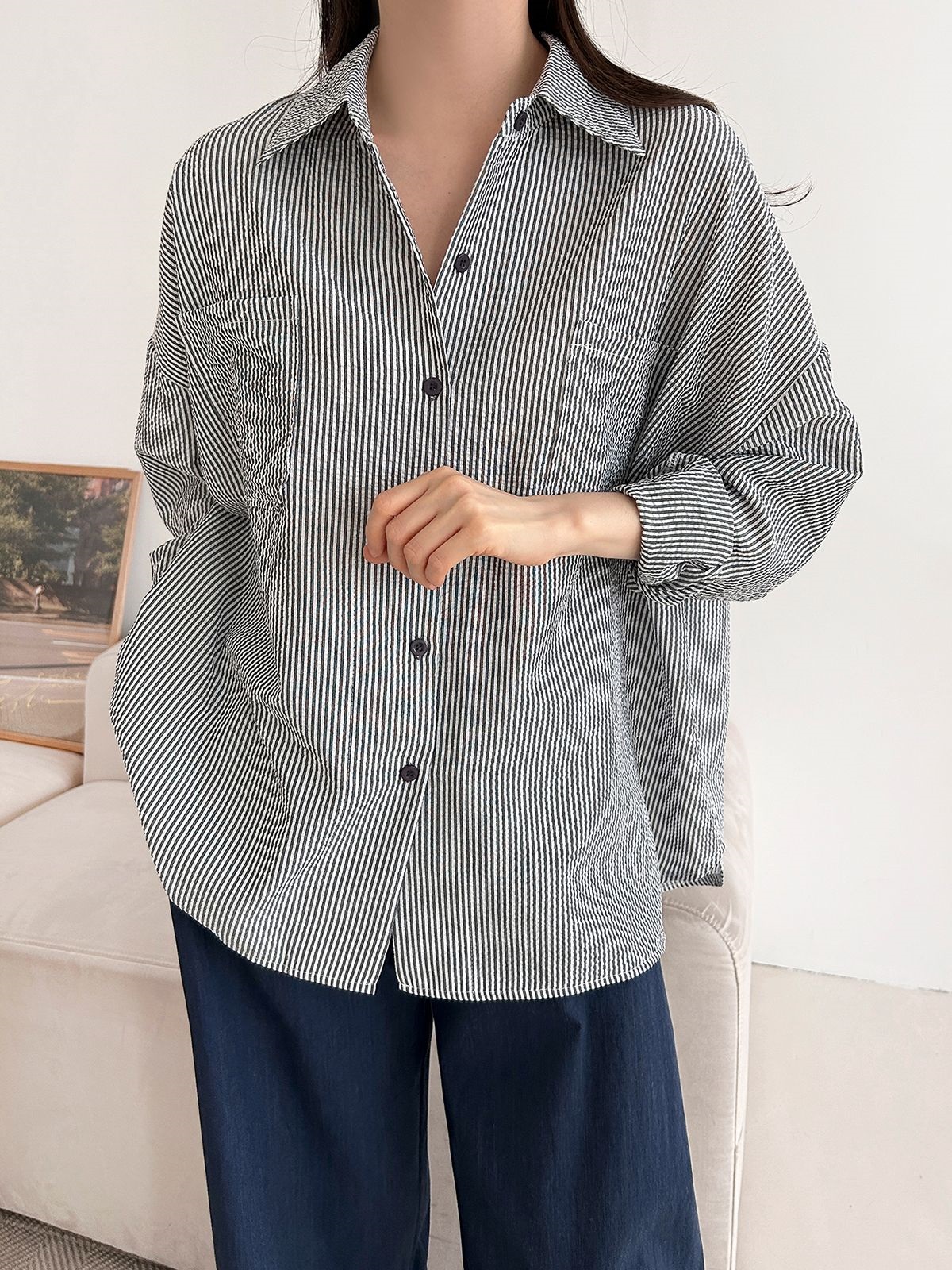 カラーオーバーサイズボクシー長袖ツーポケットボタンスリーブドロップショルダーストライプシャツ | 詳細画像29