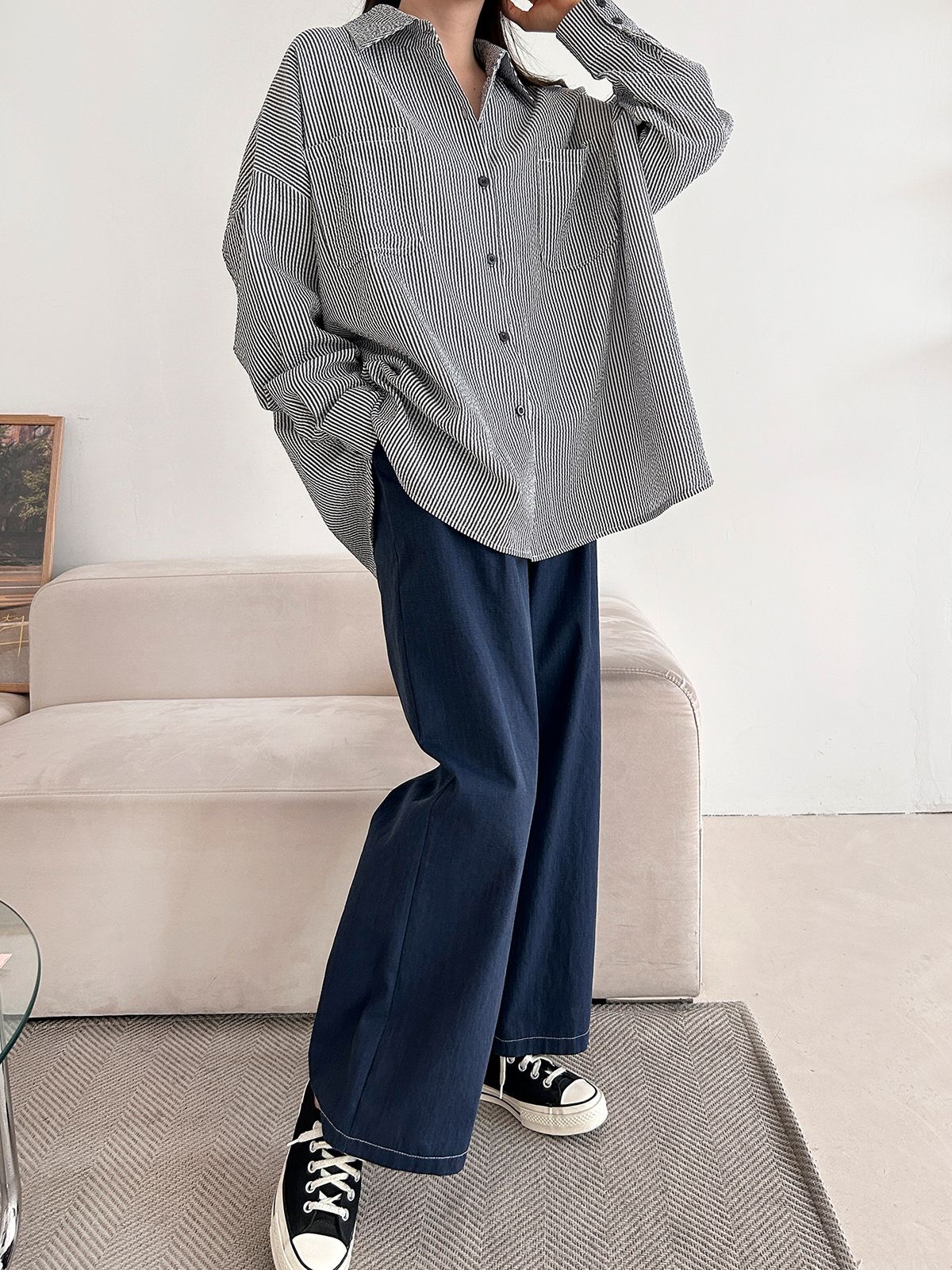 カラーオーバーサイズボクシー長袖ツーポケットボタンスリーブドロップショルダーストライプシャツ | 詳細画像30
