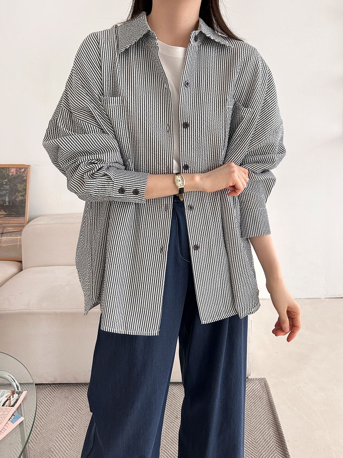 カラーオーバーサイズボクシー長袖ツーポケットボタンスリーブドロップショルダーストライプシャツ | 詳細画像33