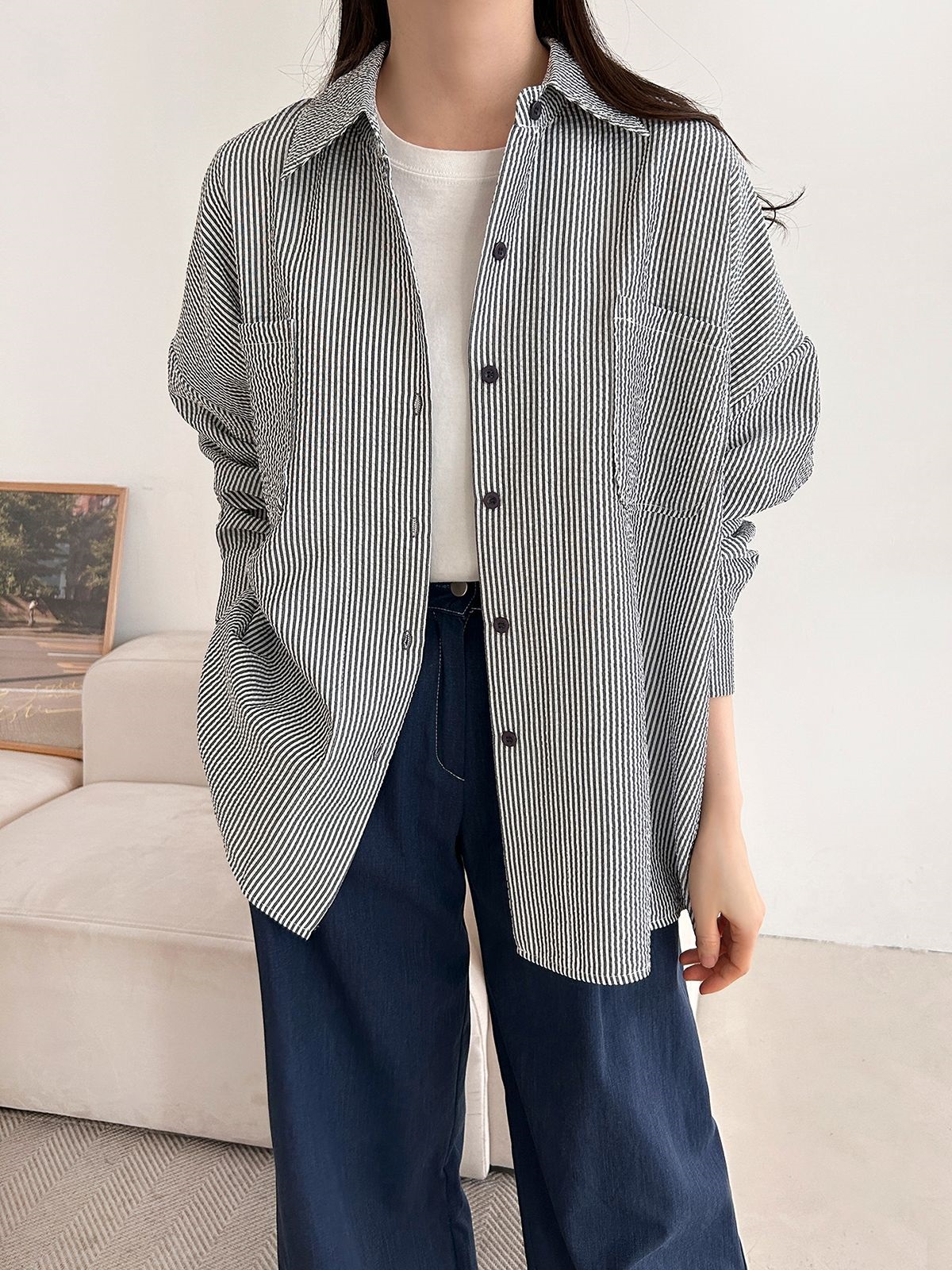 カラーオーバーサイズボクシー長袖ツーポケットボタンスリーブドロップショルダーストライプシャツ | 詳細画像35