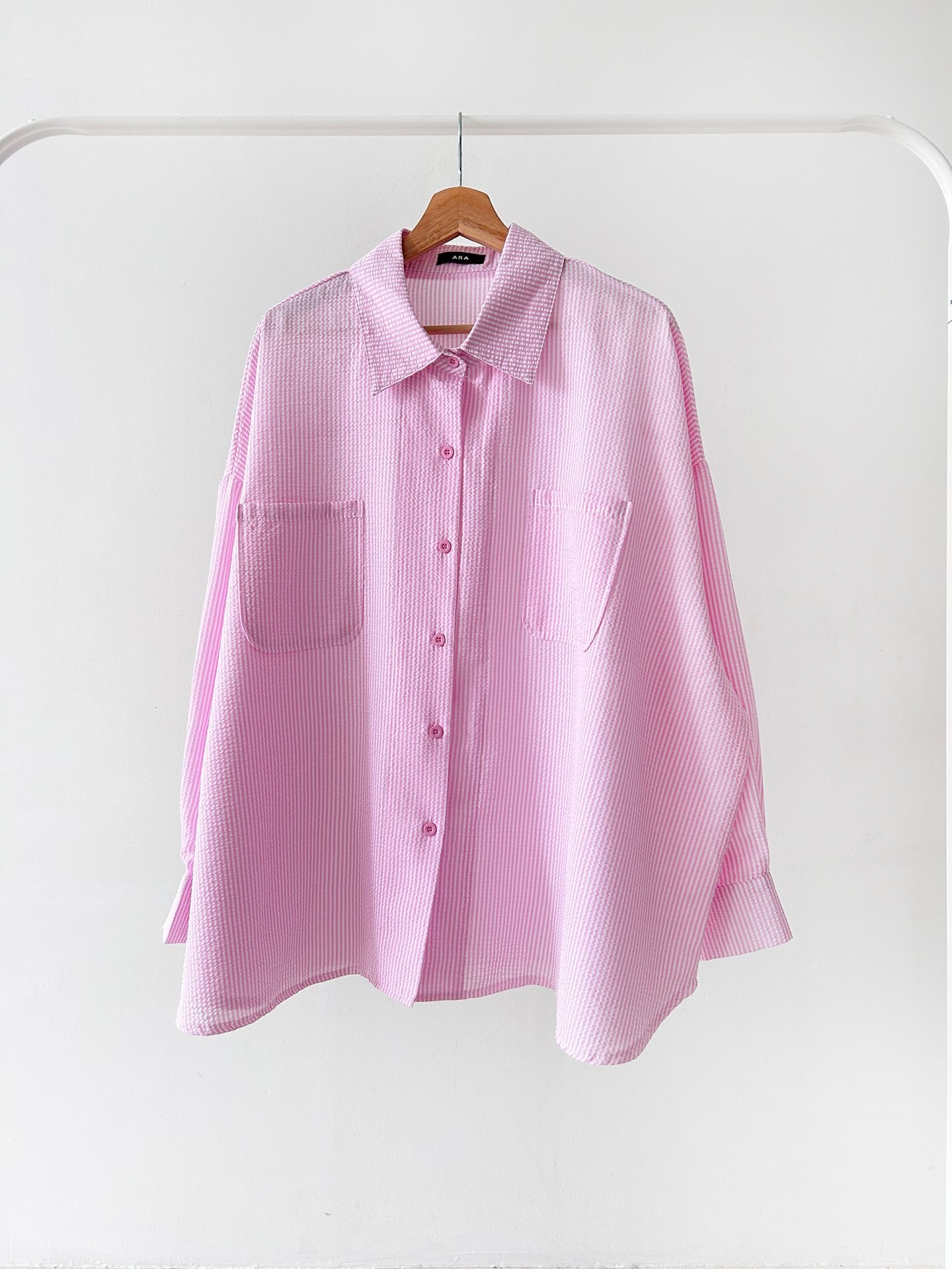 カラーオーバーサイズボクシー長袖ツーポケットボタンスリーブドロップショルダーストライプシャツ | 詳細画像38