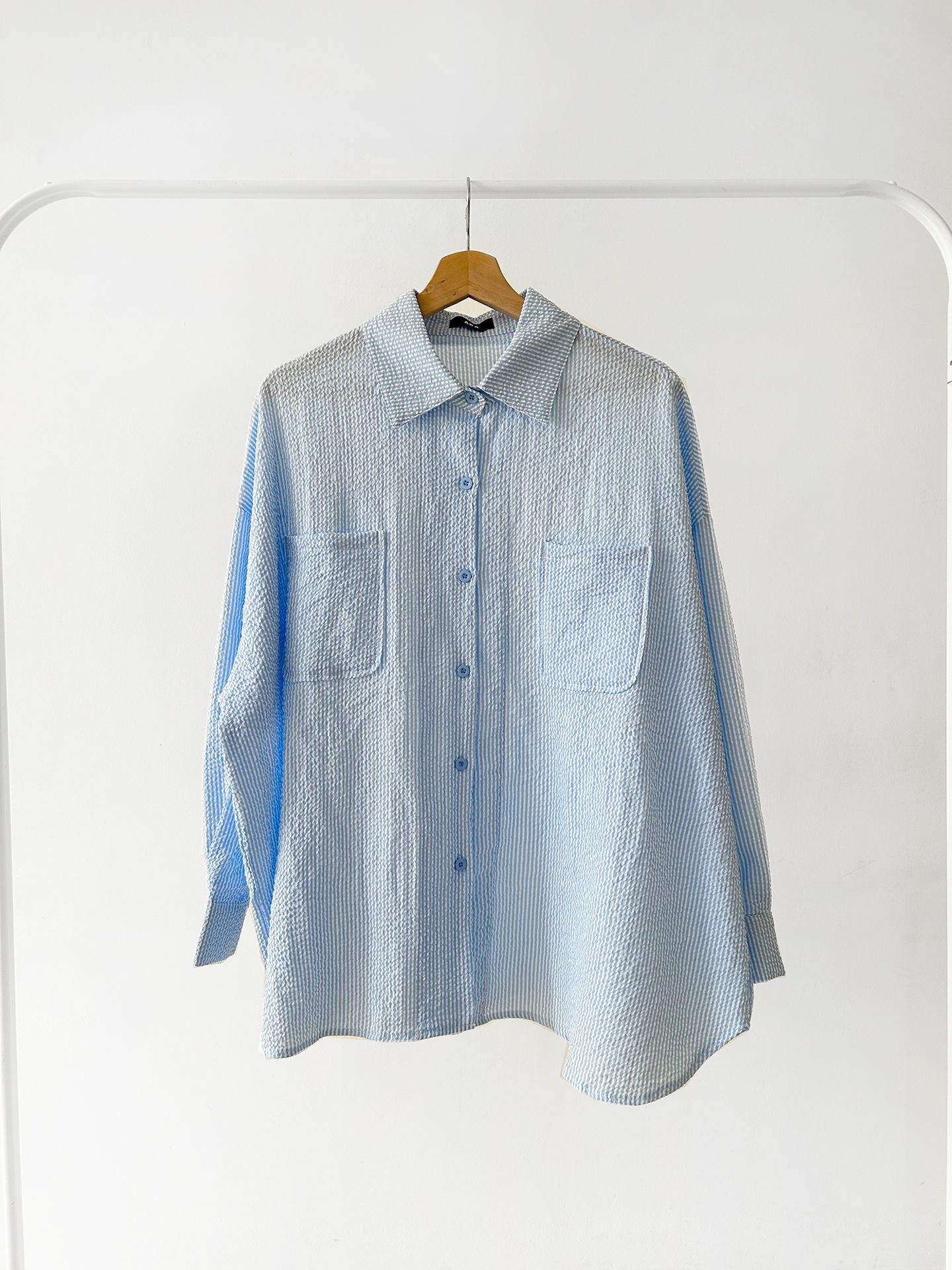 カラーオーバーサイズボクシー長袖ツーポケットボタンスリーブドロップショルダーストライプシャツ | 詳細画像39